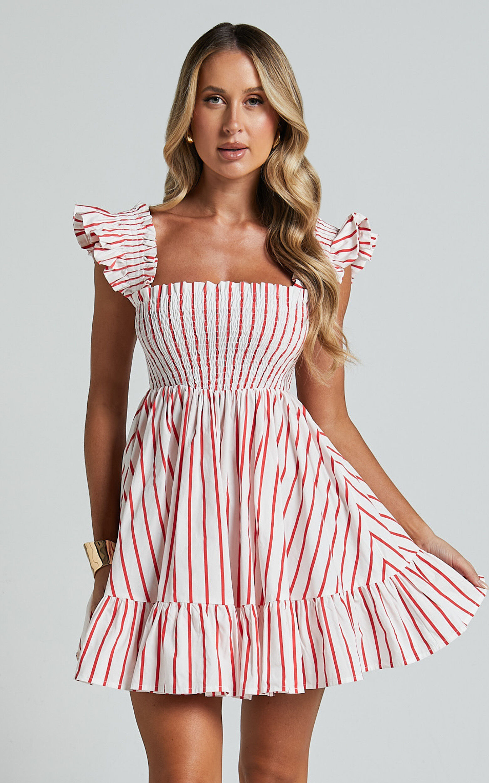Brynlee Mini Dress - Elastic Chest Flutter Sleeve Hem Dress in Red Stripe