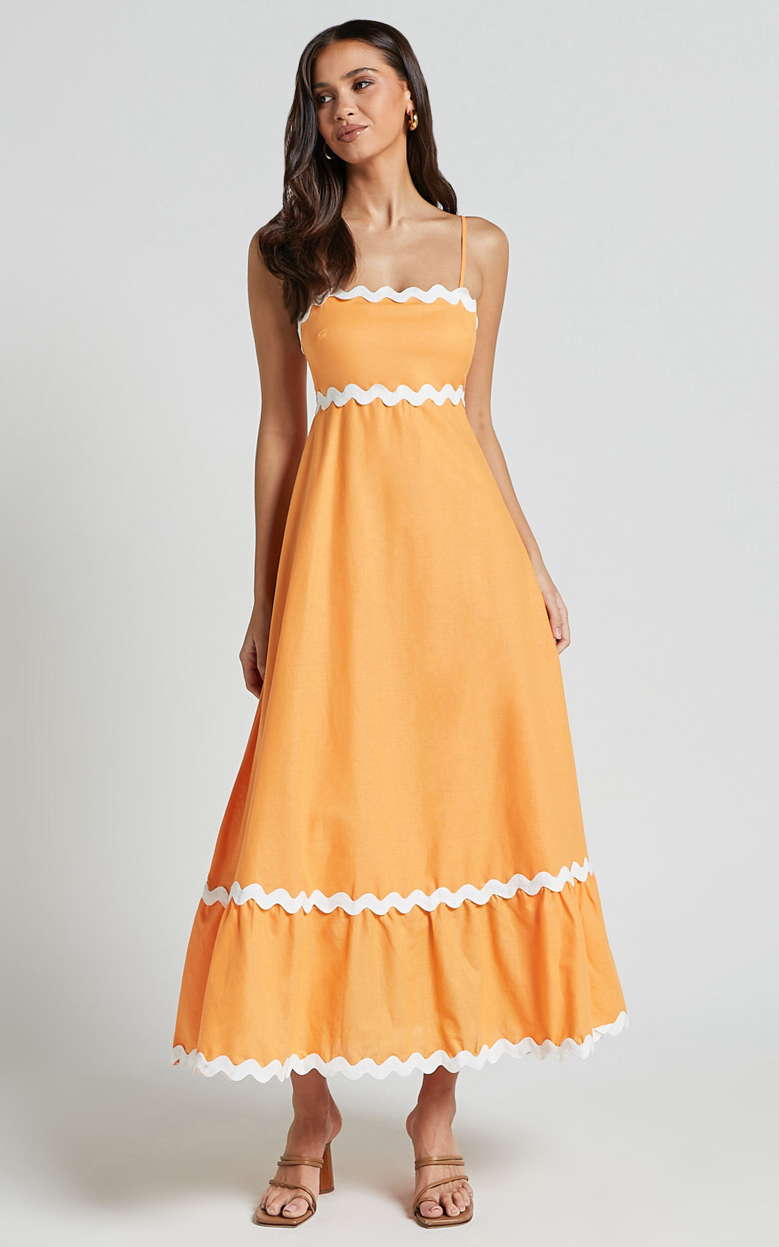 Moriseth Midi Dress - Linen Sleeveless Fit Flare Dress in Orange