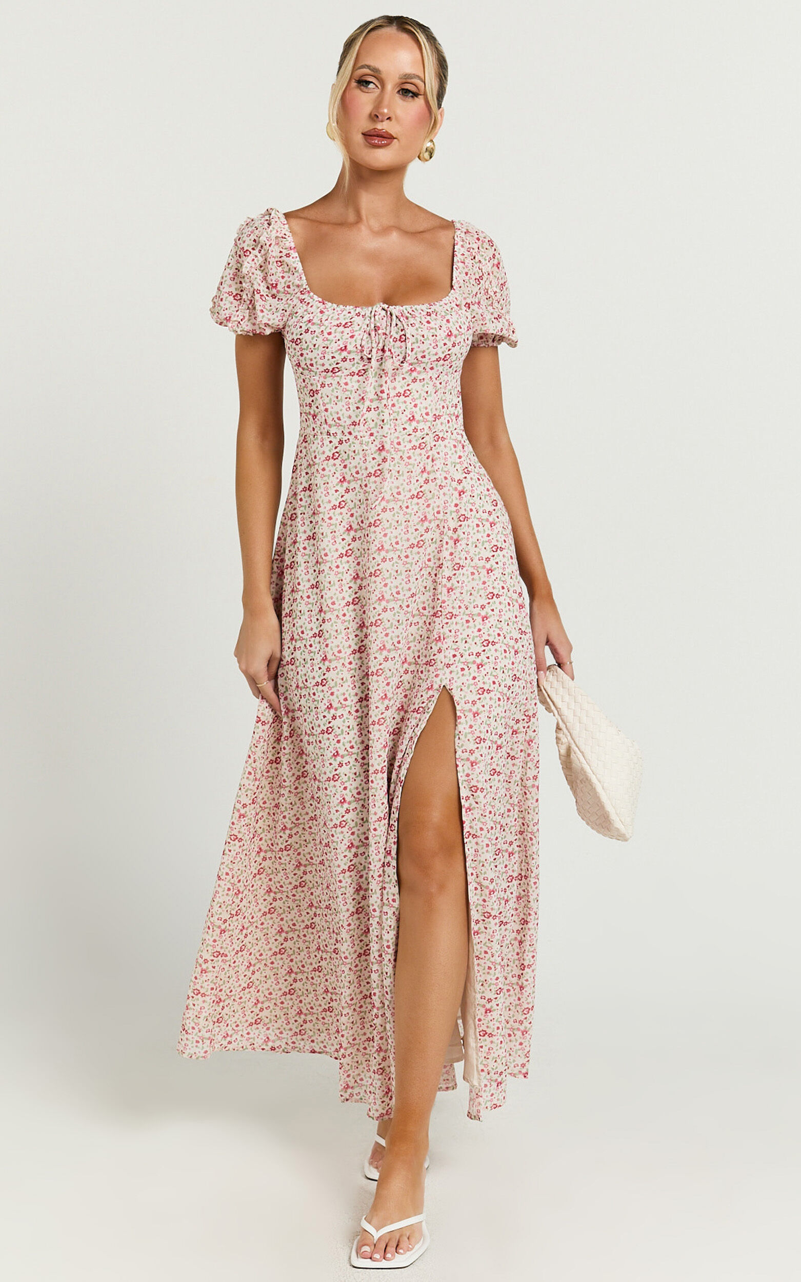 Rhylene Midi Dress - Puff Sleeve Tie Front Detail Midi Dress in Rosy Floral