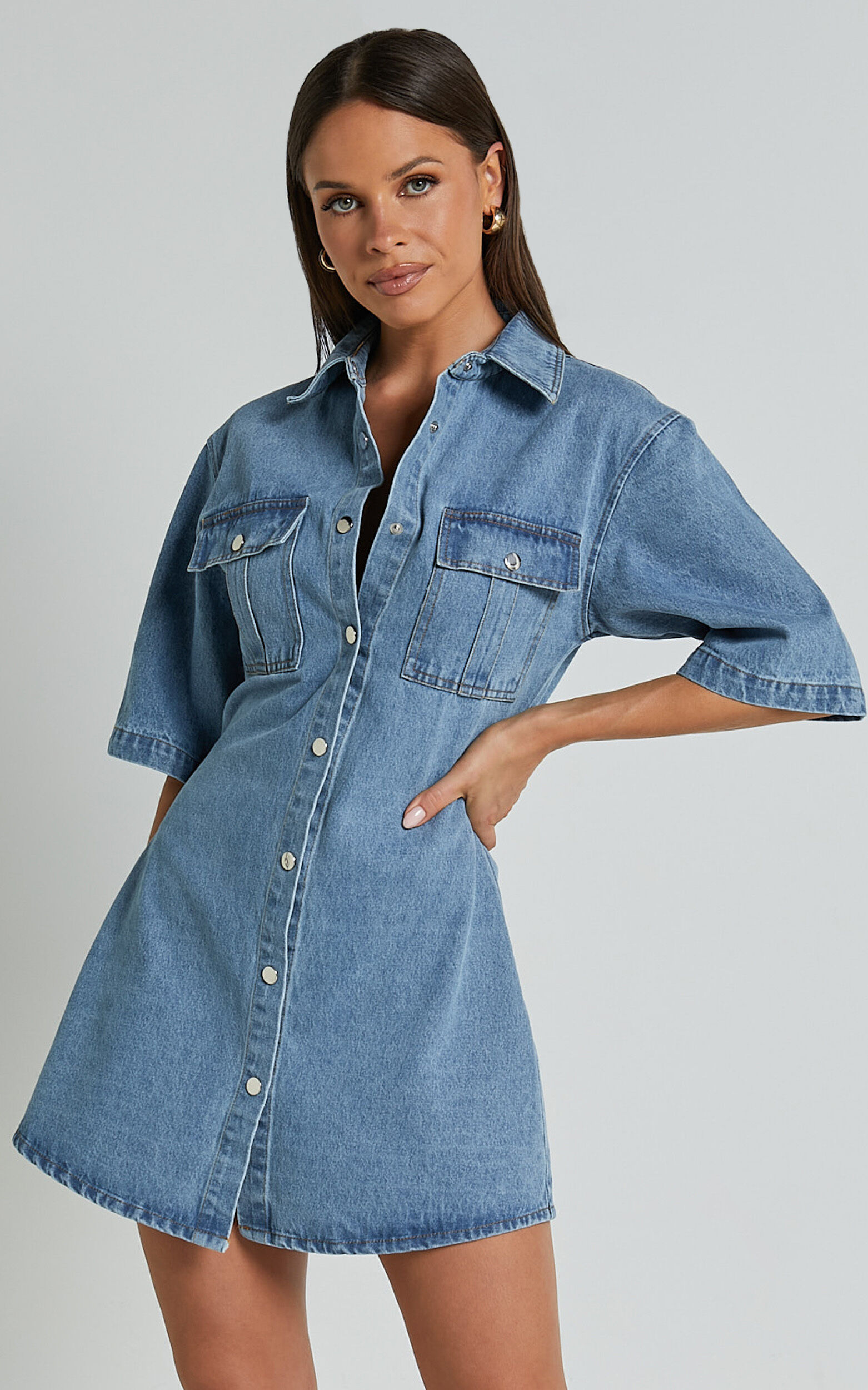 Leilani Mini Dress - Denim Short Sleeve Button Up Dress in Mid Blue