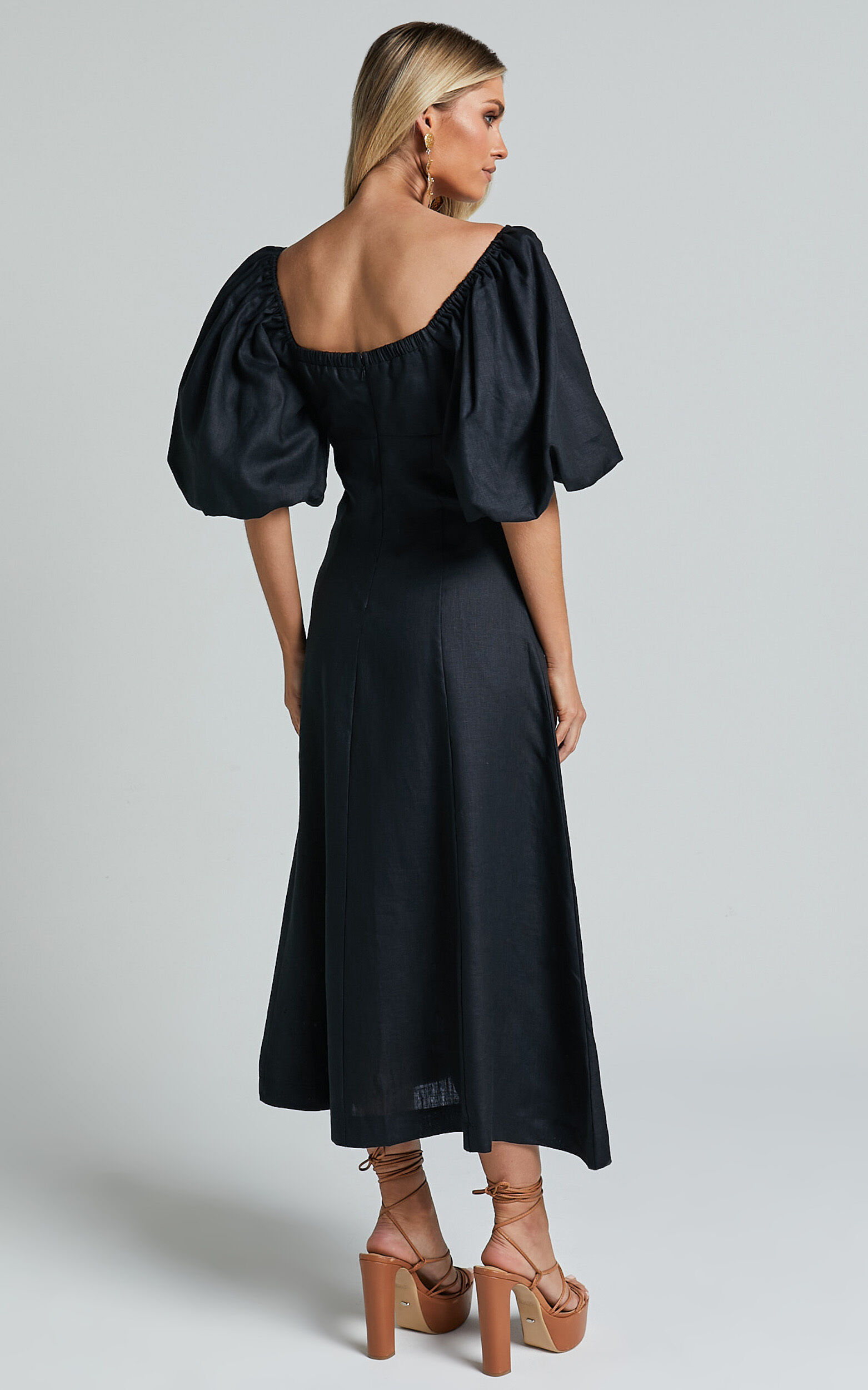 Amalie The Label - Catalina Linen Blend Sweetheart Balloon Sleeve Midi Dress in Black