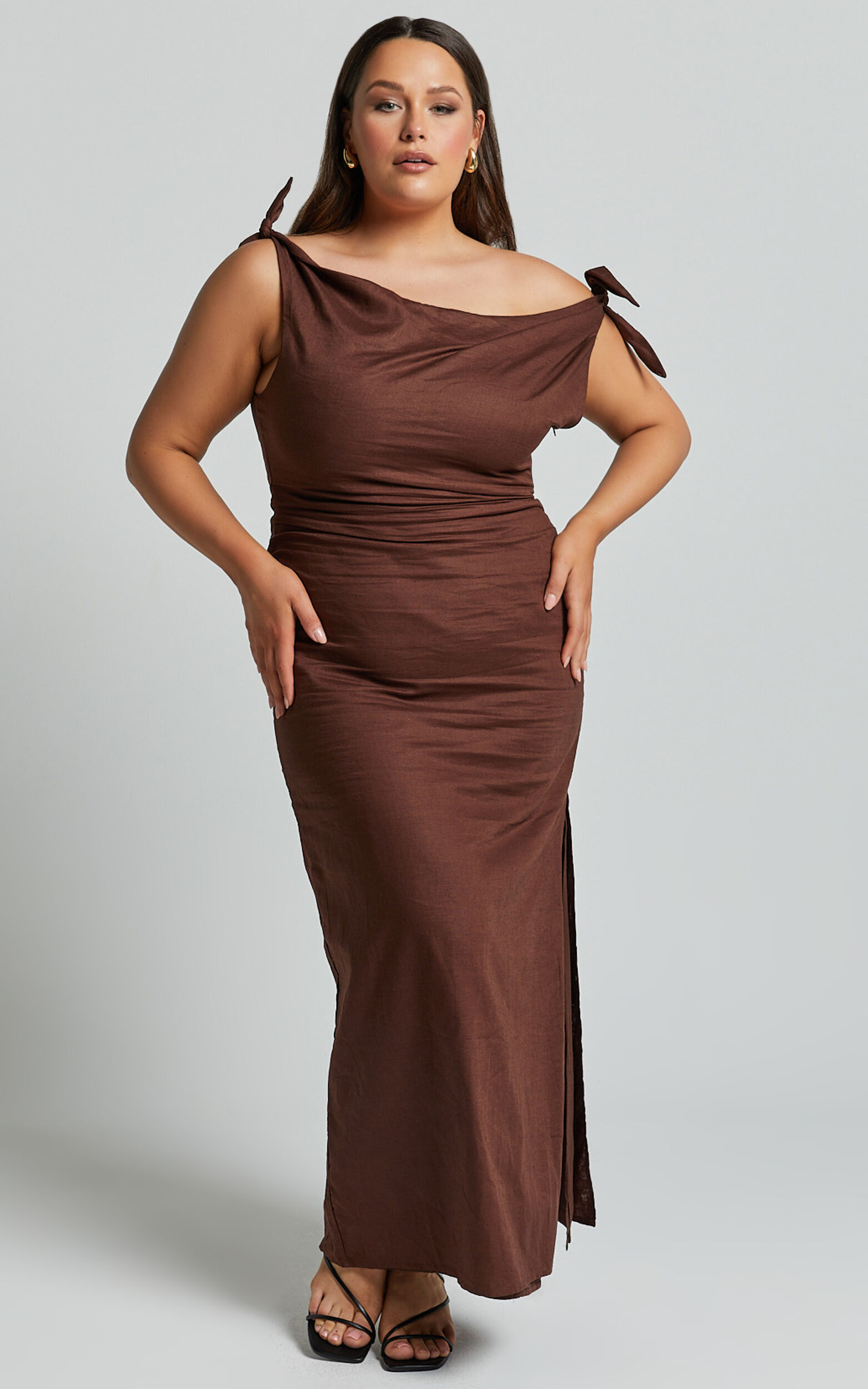 Cincinnati Midi Dress - Off The Shoulder Side Split Column Linen Dress in Chocolate