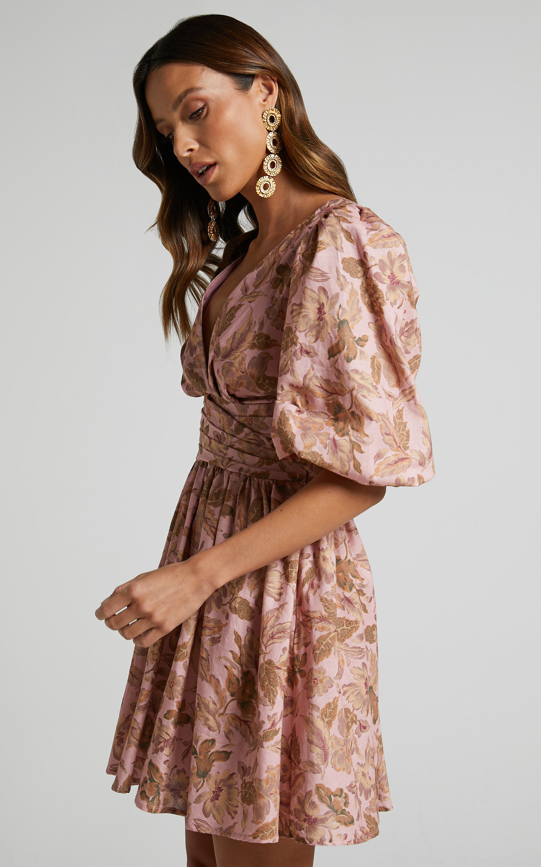 Amalie The Label - Rivinna Linen Blend Pleat Waist Puff Sleeve Mini Dress in Vahala Print
