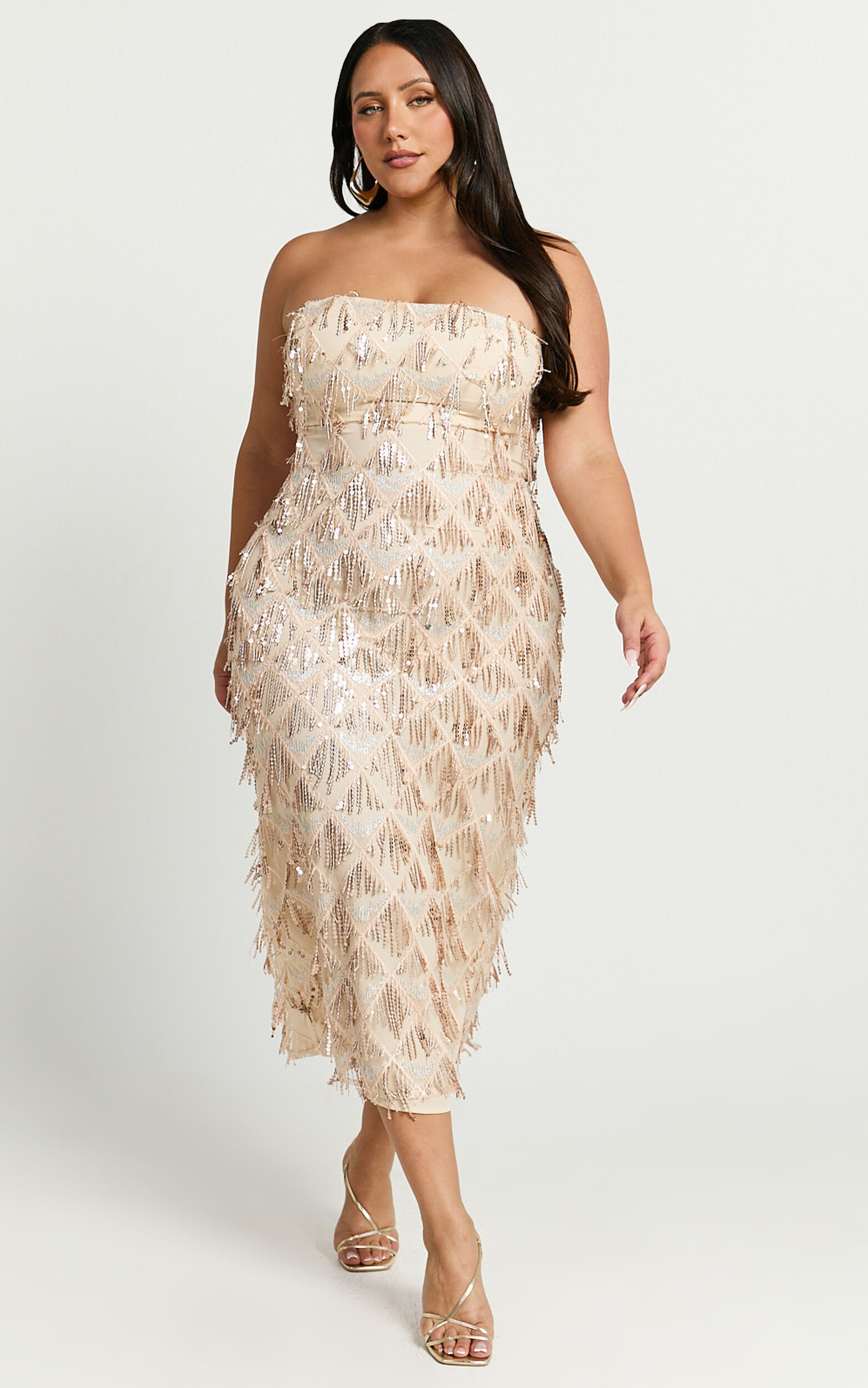 Variel Midi Dress - Strapless Fringe Sequin Dress in Champagne