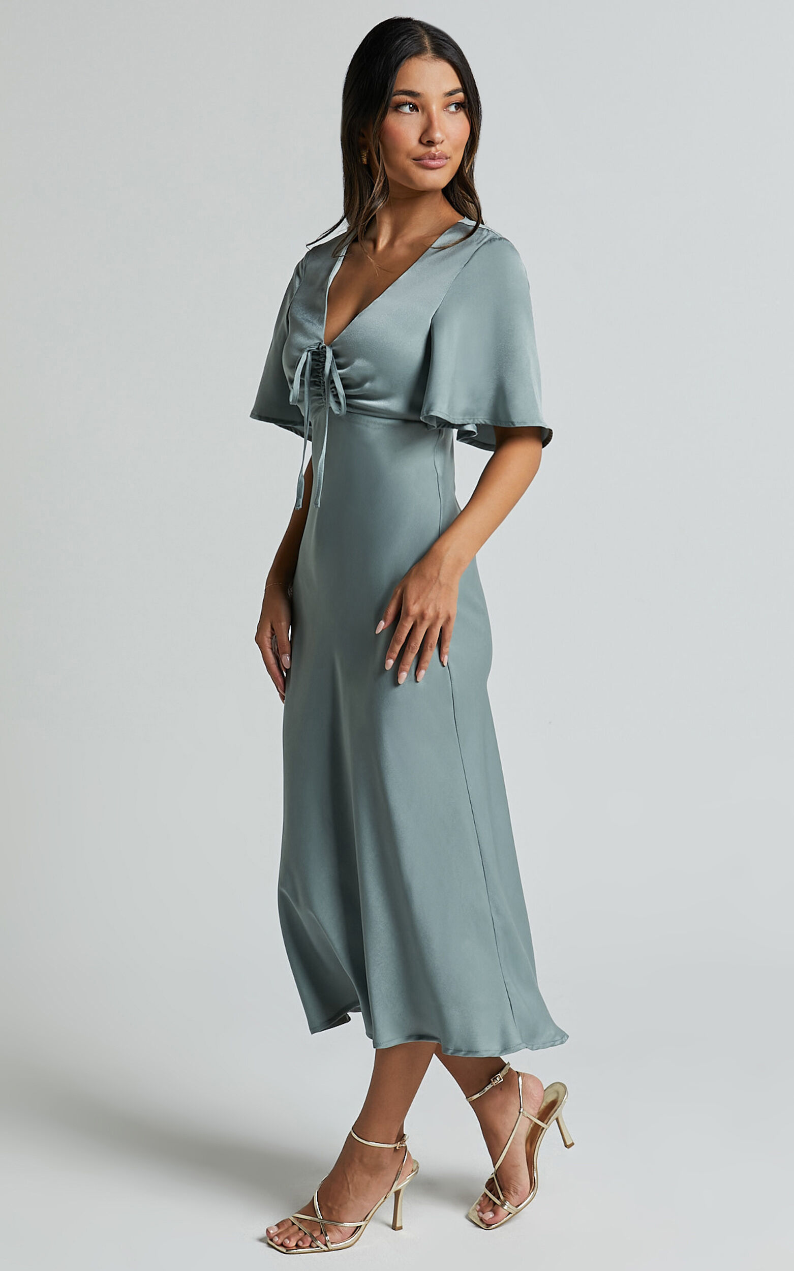 Nicholla Midi Dress - Ruched Front Angel Sleeve Slip Dress in Sage