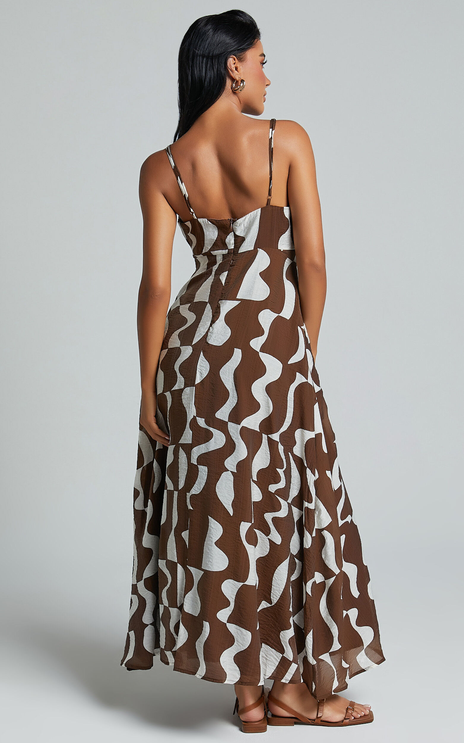 Elisabetta Midi Dress - Empire Waist A Line Dress in Chocolate Mono Wave