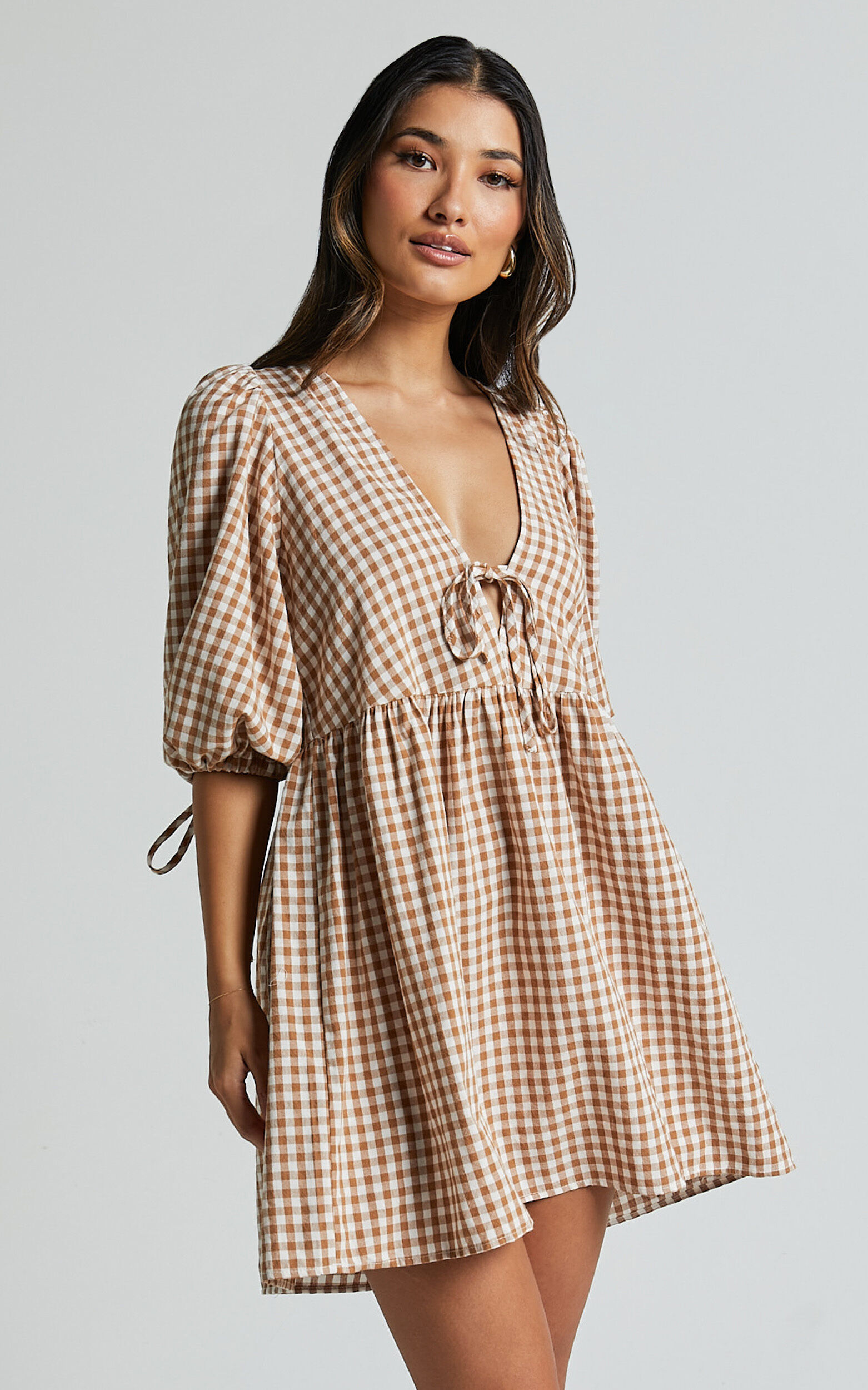 Rosita Mini Dress - Tie Front Puff Sleeve Dress in Caramel & White Gingham