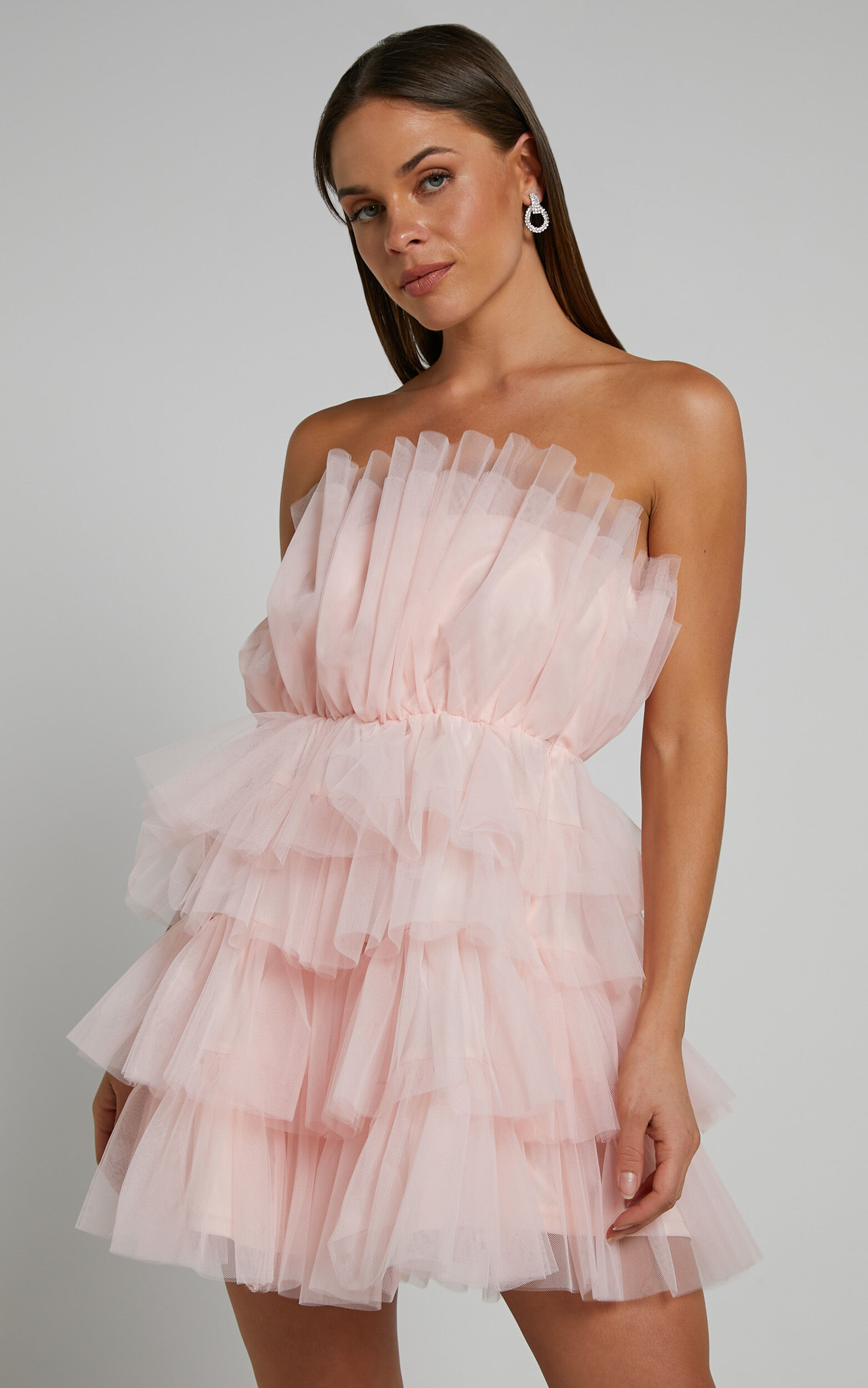 Allora Mini Dress - Tiered Tulle Fit and Flare Dress in Pale Pink