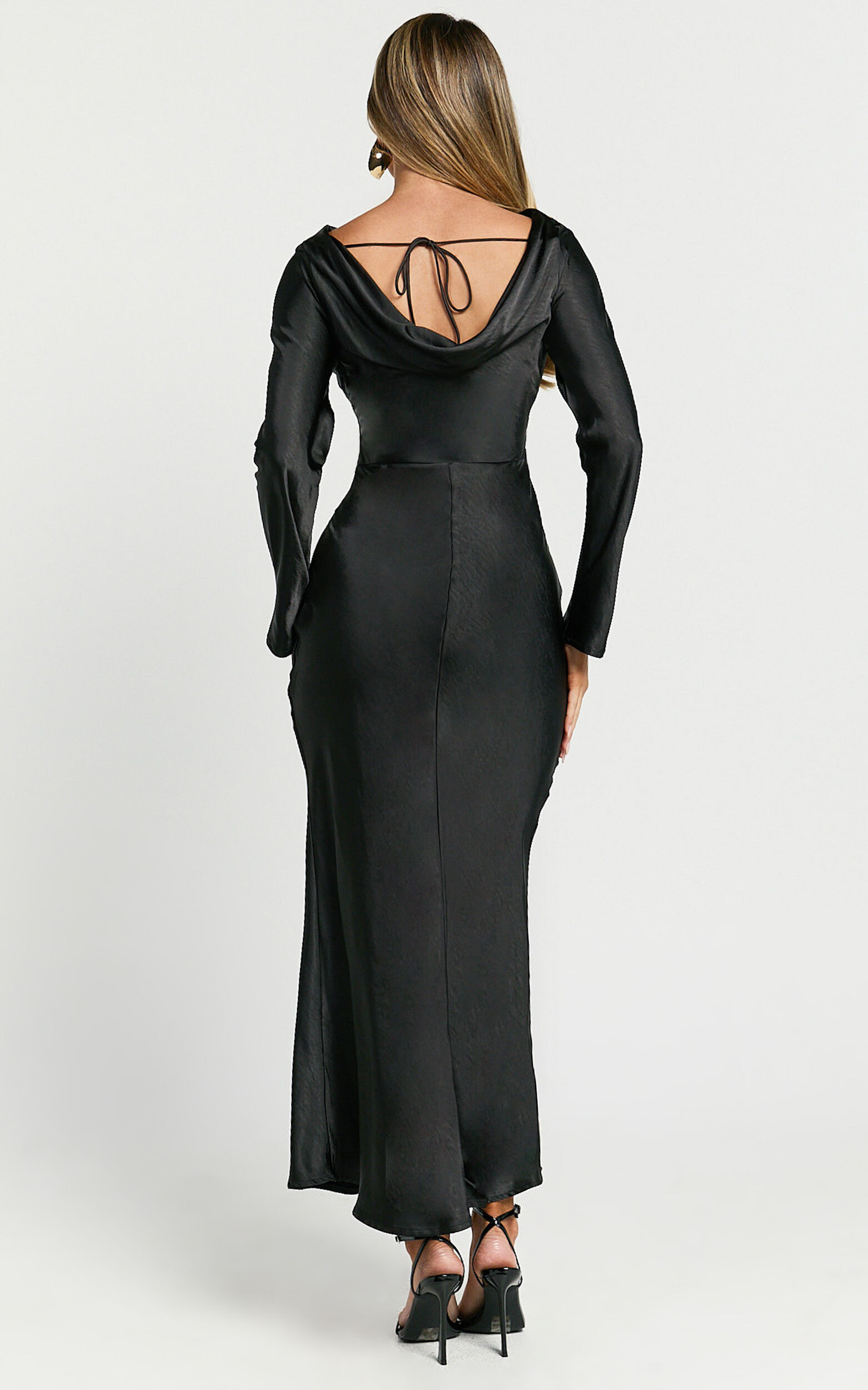 Arriana Midi Dress - Long Sleeve Cowl Back Satin Dress in Black