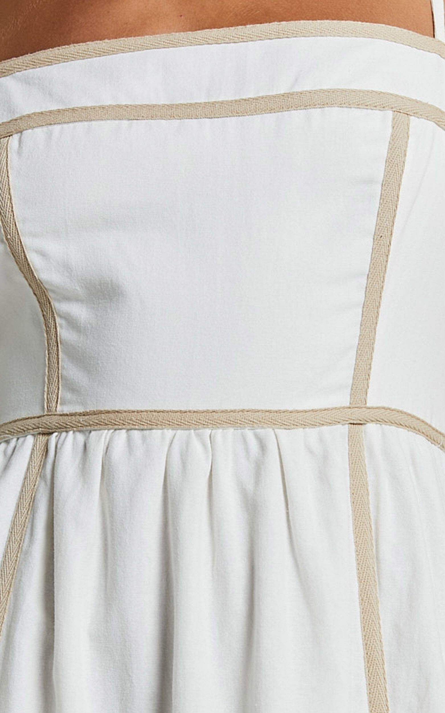 Chanika Midi Dress - Straight Neck Sleeveless Tiered Dress in White with Beige Contrast