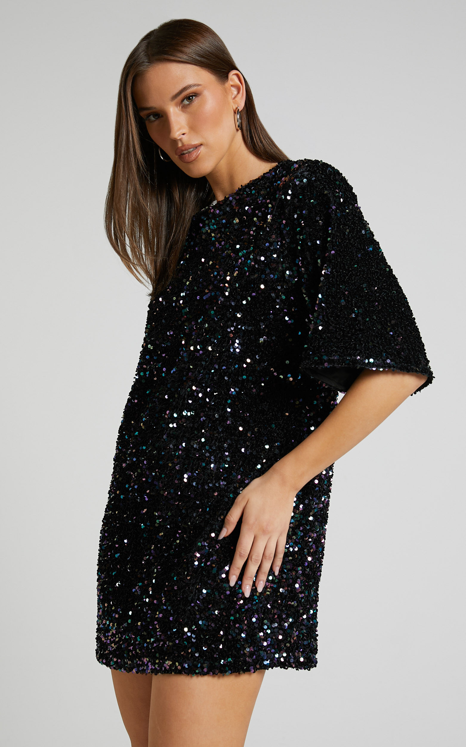 Valetta Mini Dress - Sequin low back shift dress in Midnight Blue Sequin