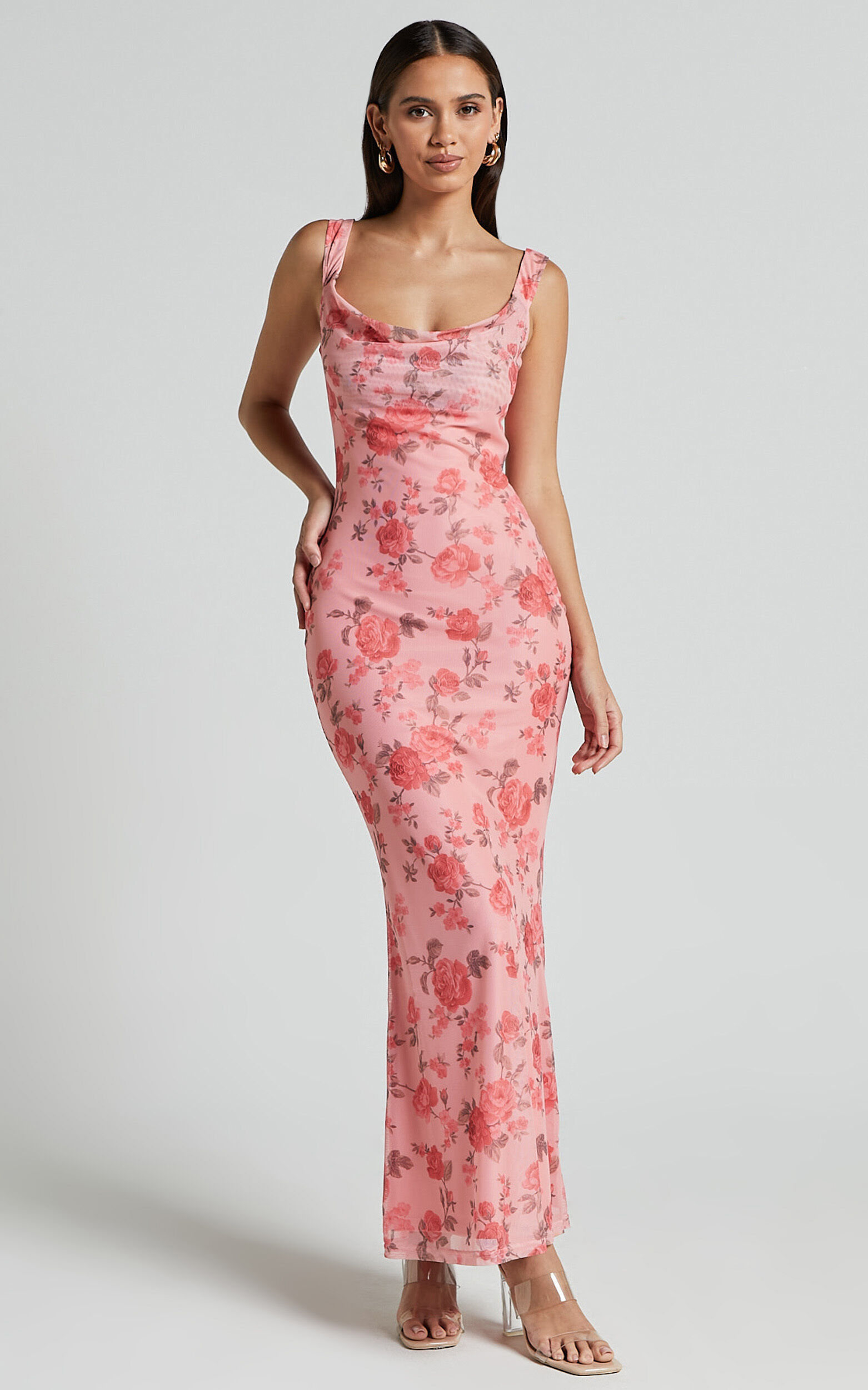 Nadine Maxi Dress - Cowl Neck Low Back Mesh Slip Dress in Pink Floral