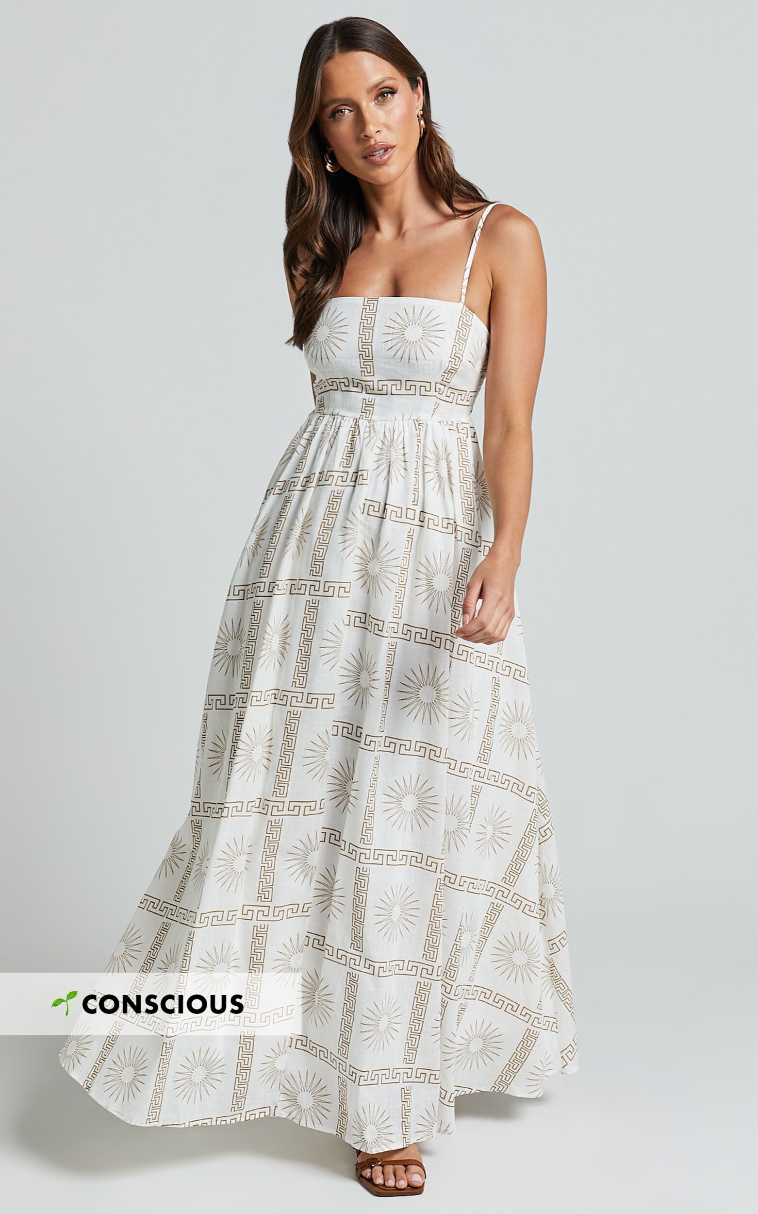 Abbey Maxi Linen Dress - Strappy Straight Neck A Line Dress in White & Brown Sun Print