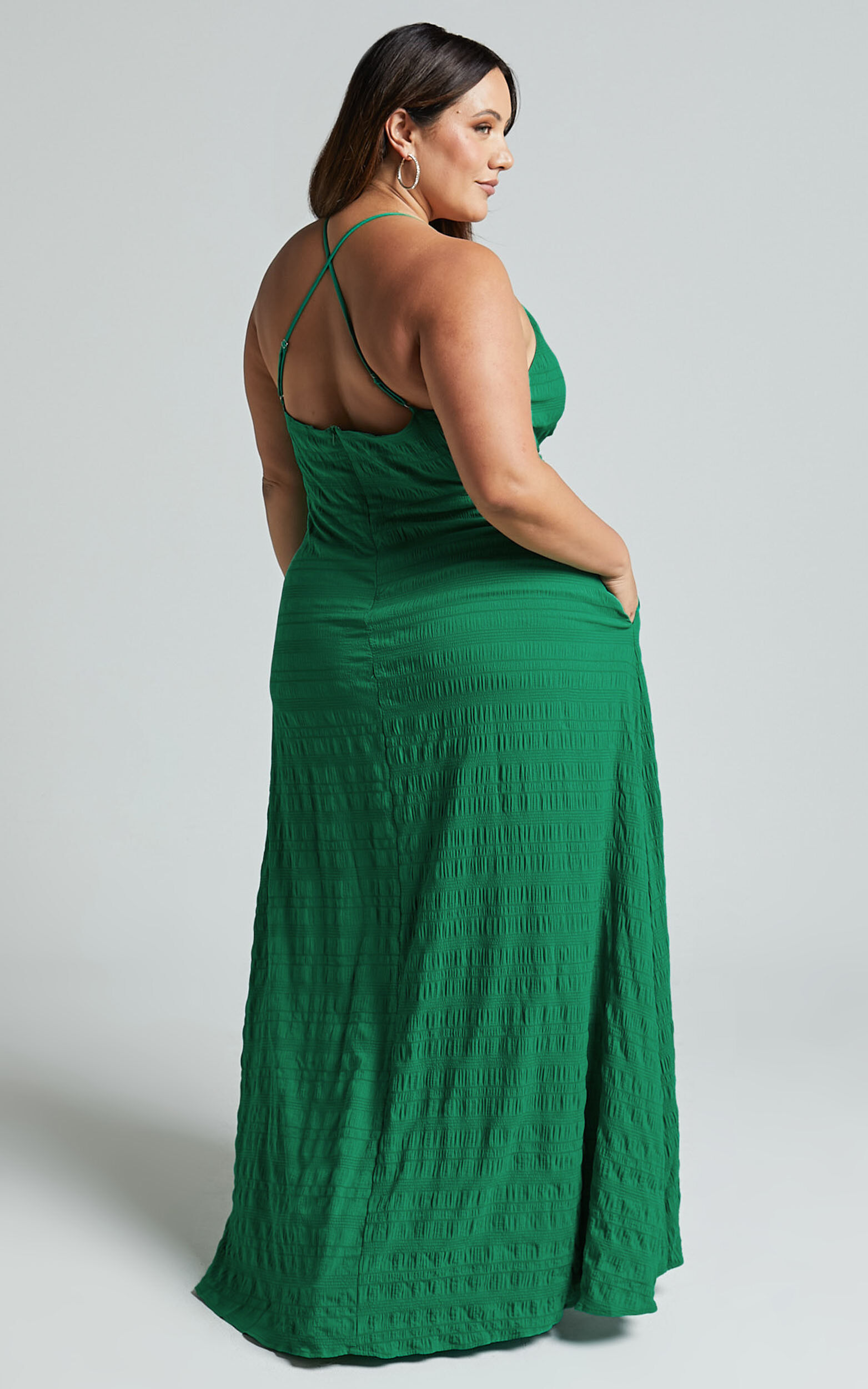 Marisse Maxi Dress - Cut Out Front Split Cross Back Textured Dress in Green