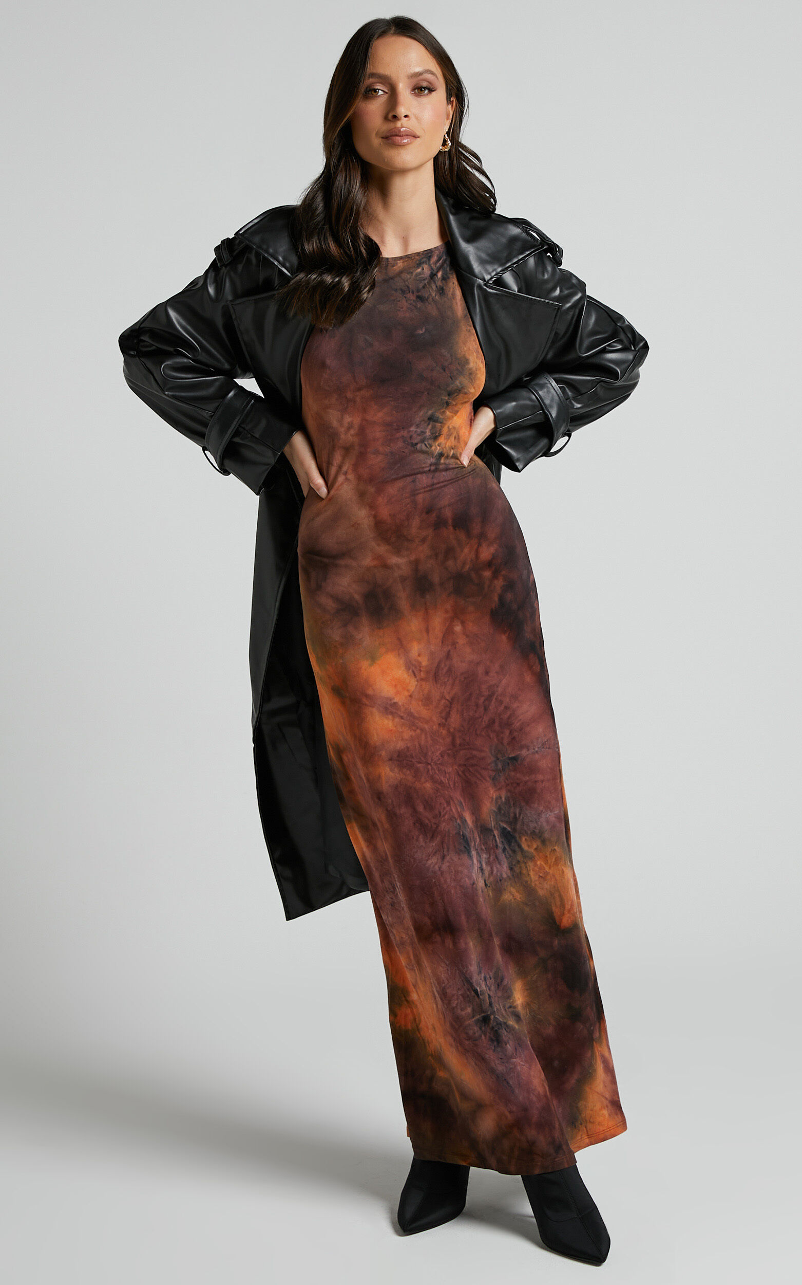 Amayra Midi Dress - High Neck Bodycon Dress in Brown Tie Dye