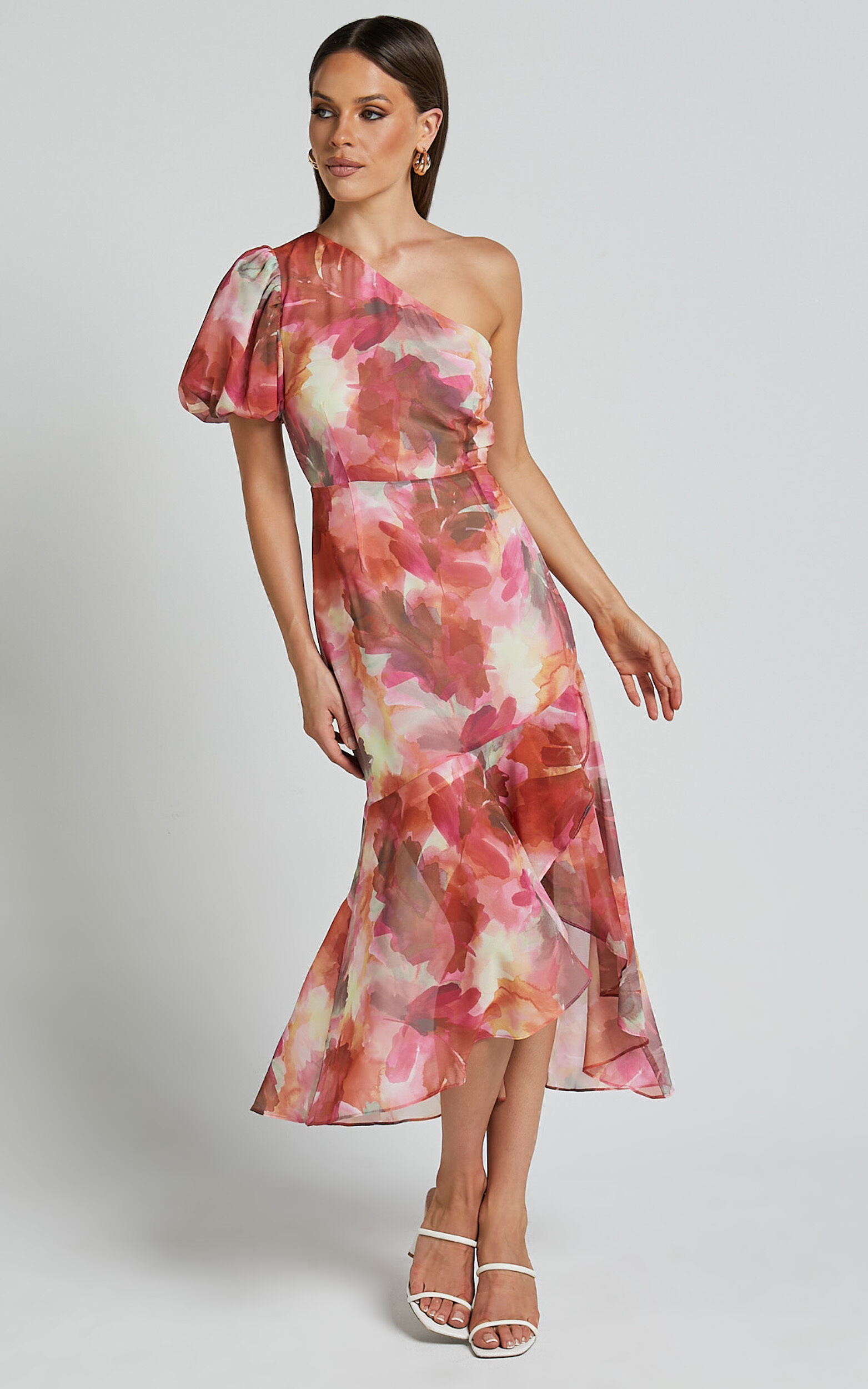 Labelle Midi Dress - Recycled Polyester One Shoulder Asymmetric Dress in Haze Floral