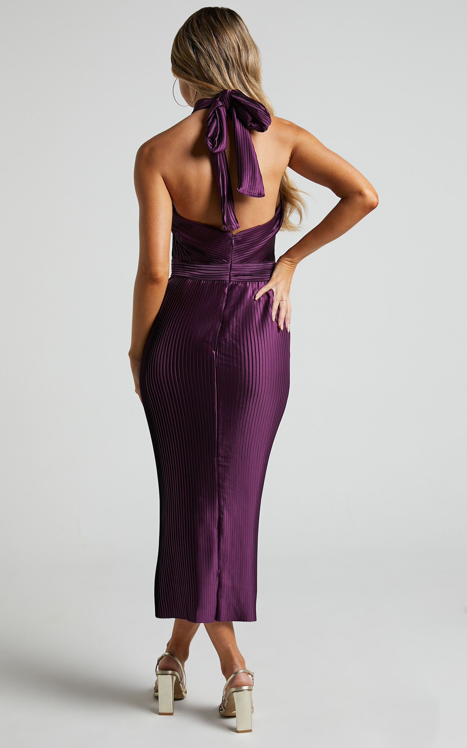 Marlette Midi Dress - Pleated Open Back Halter Dress in Aubergine