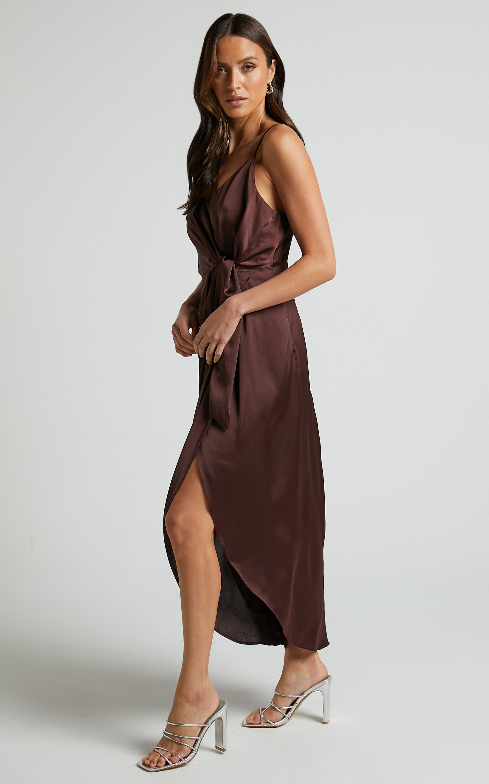 Katie Midi Dress - V Neck Tie Front Detail Dress in Chocolate