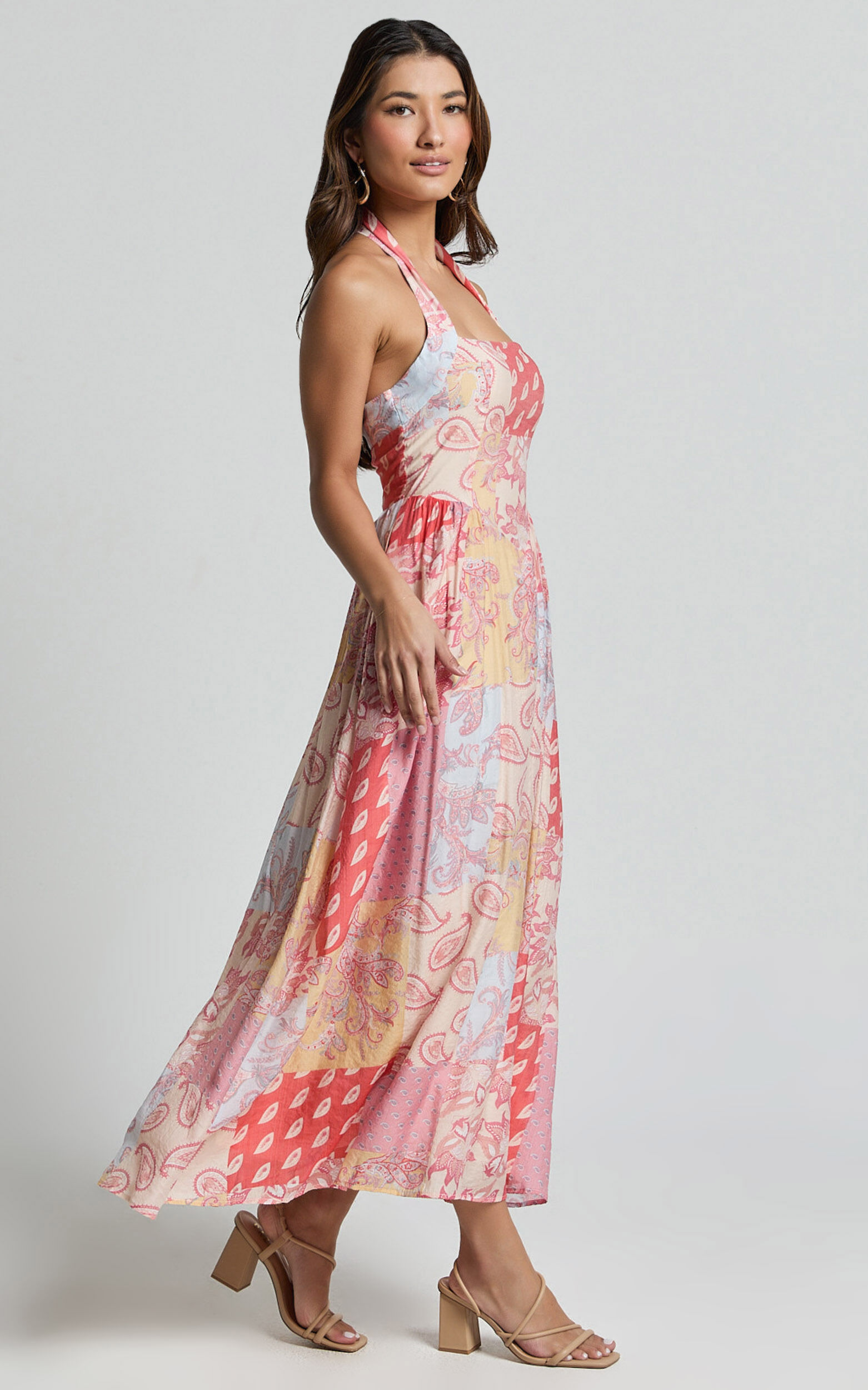 Anziel Midi Dress - Halter Tie Back Tiered Dress in Pink Patchwork Print