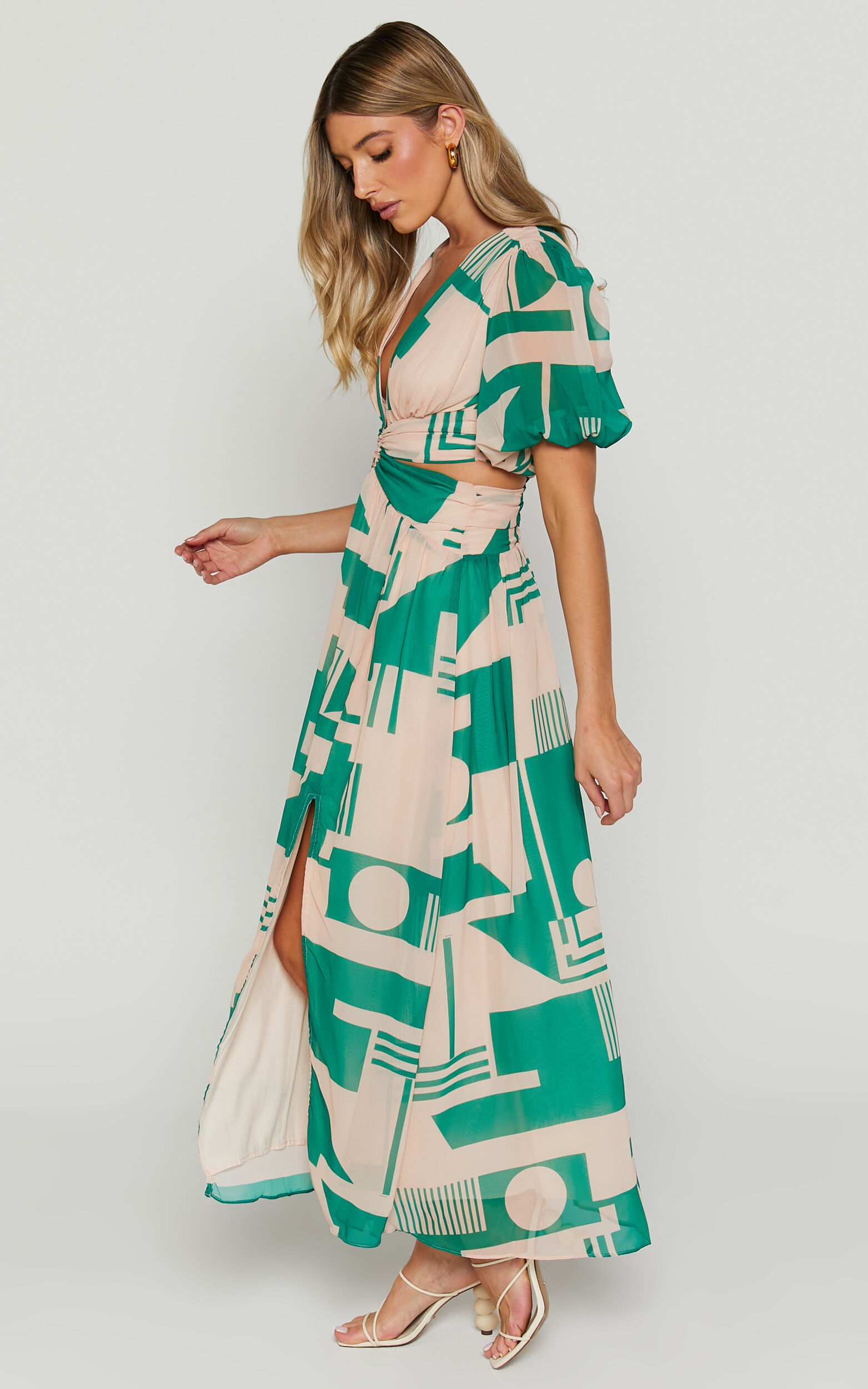 Lindey Midi Dress - Side Cut Plunge Neck Puff Sleeve Dress in Green and Cream Geo