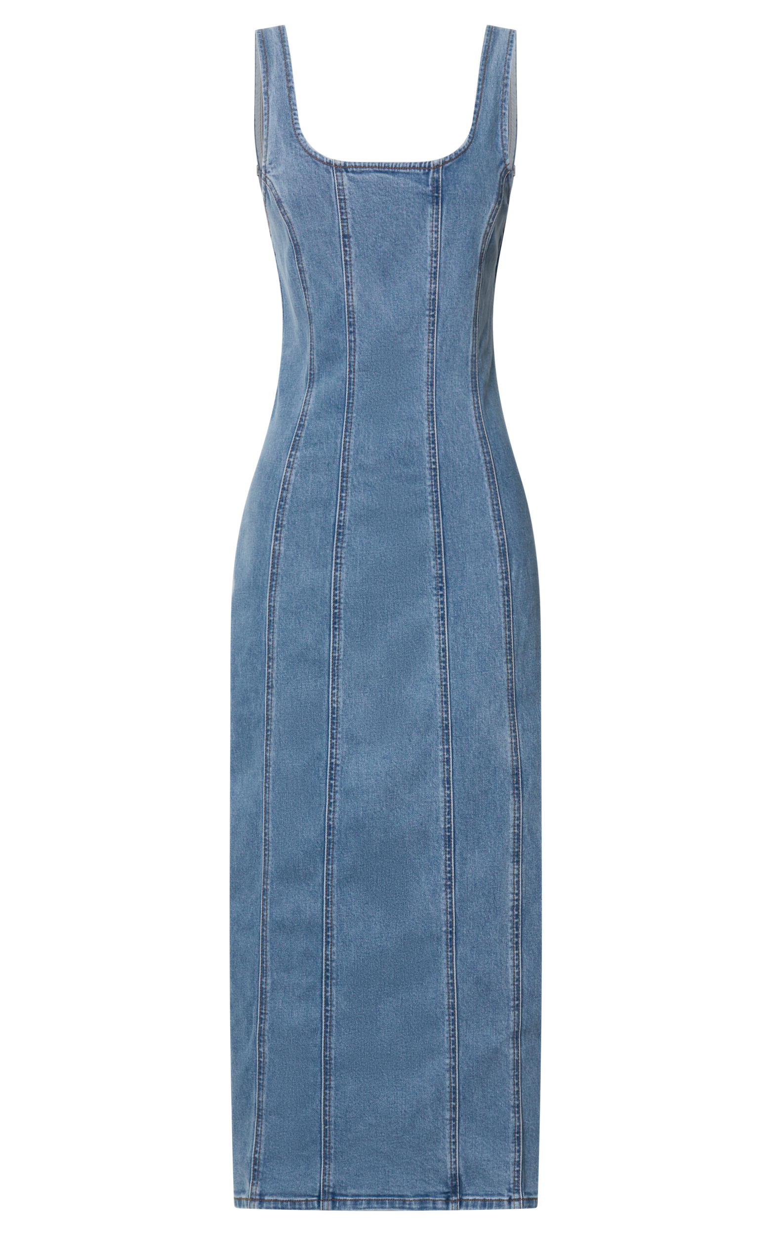 Zenith Midi Dress - Wide Strap Panel Detail Recycled Denim Dress in Mid Blue Wash