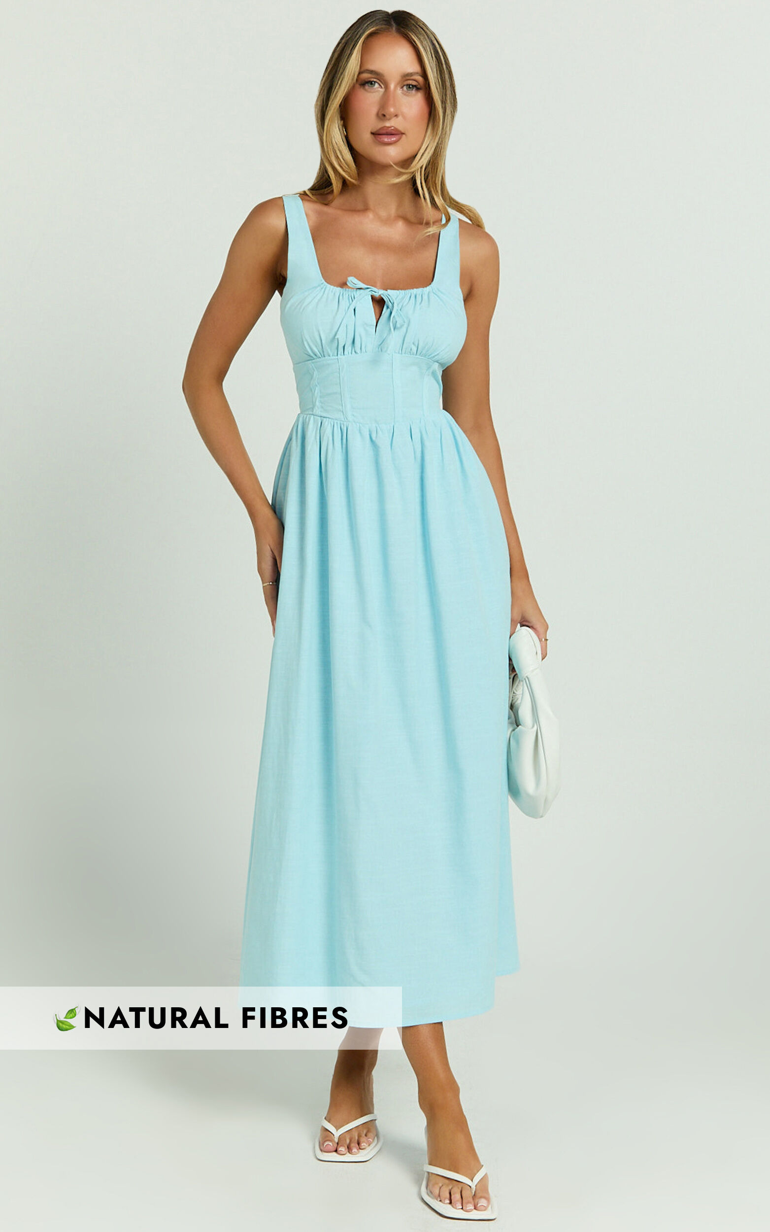 Haylee Midi Dress - Corset Waist Gathered Bust Dress in Blue