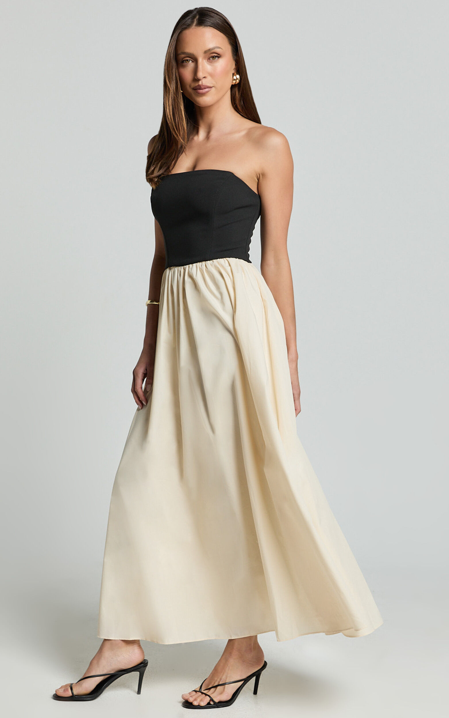 Alvana Midi Dress - Strapless Shift Dress in Black/Beige