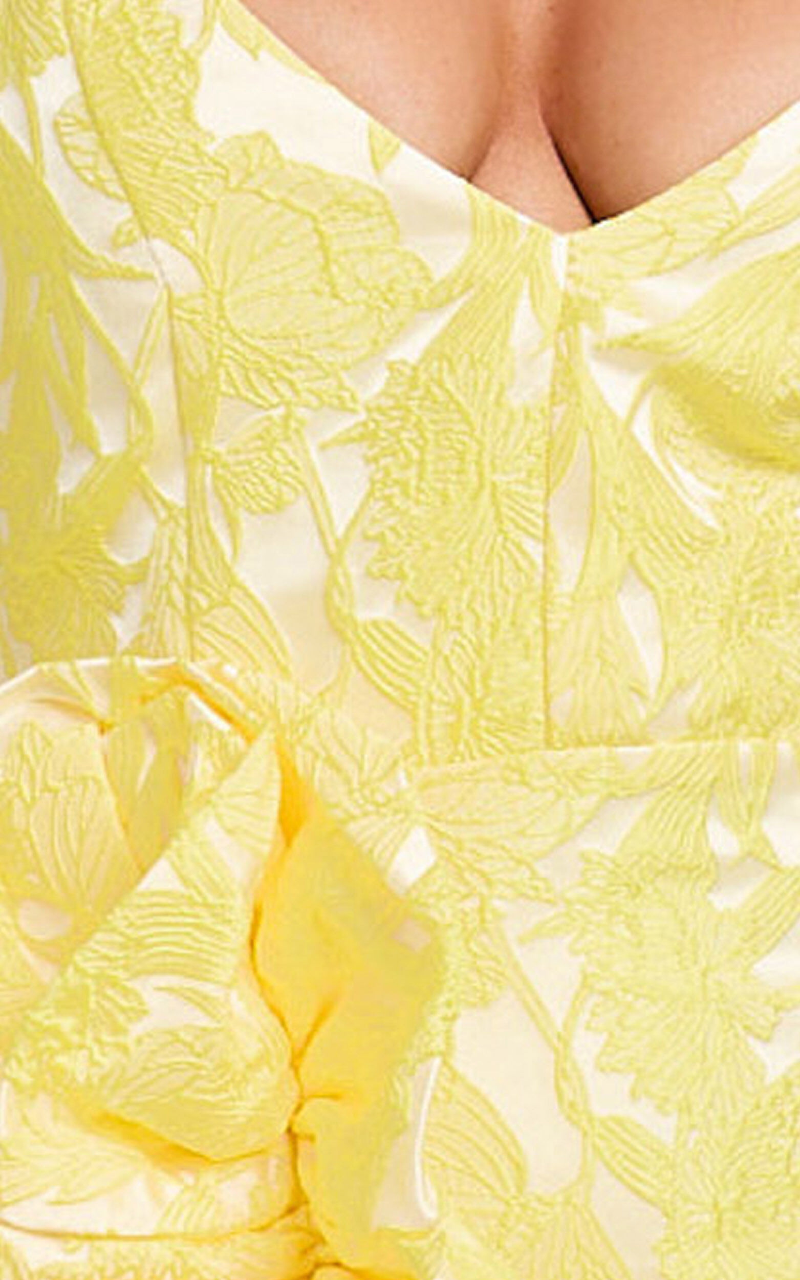 Arlette Mini Dress - Plunge Ruffle Detail Jacquard Dress in Yellow