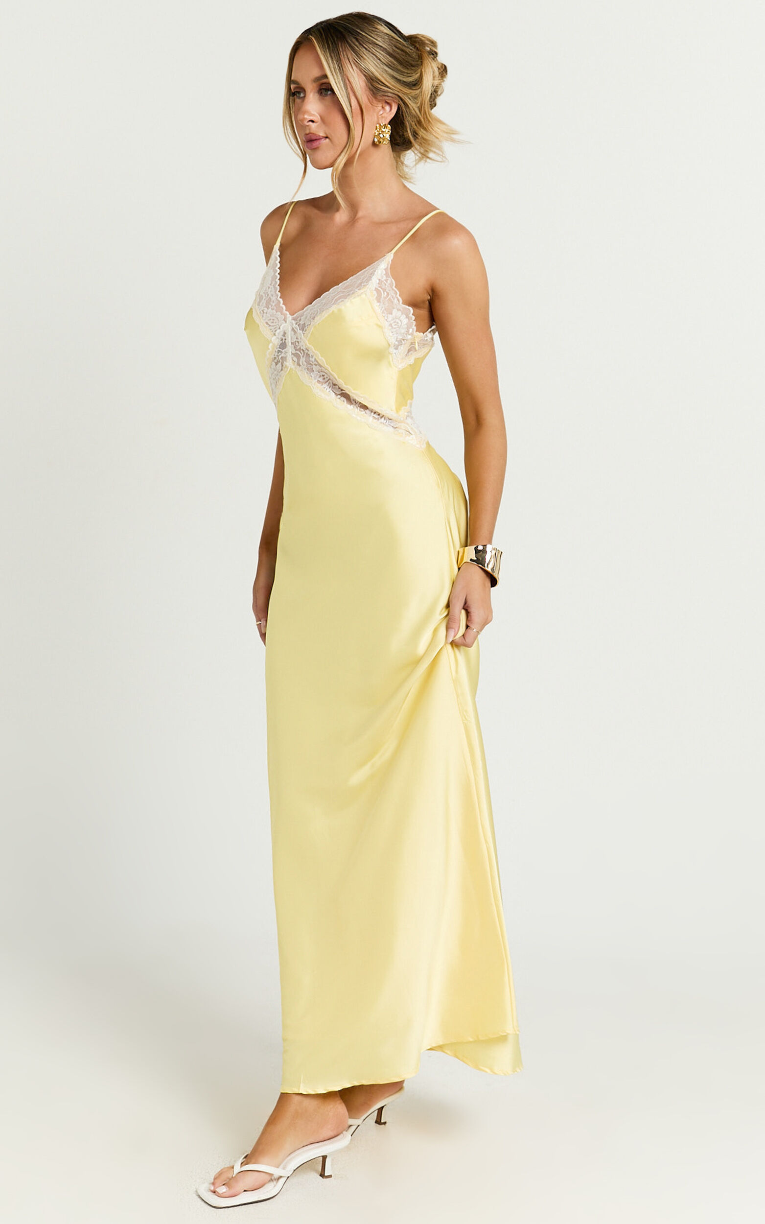 Christy Midi Dress - V Neck Lace Detail Slip Dress in Lemon