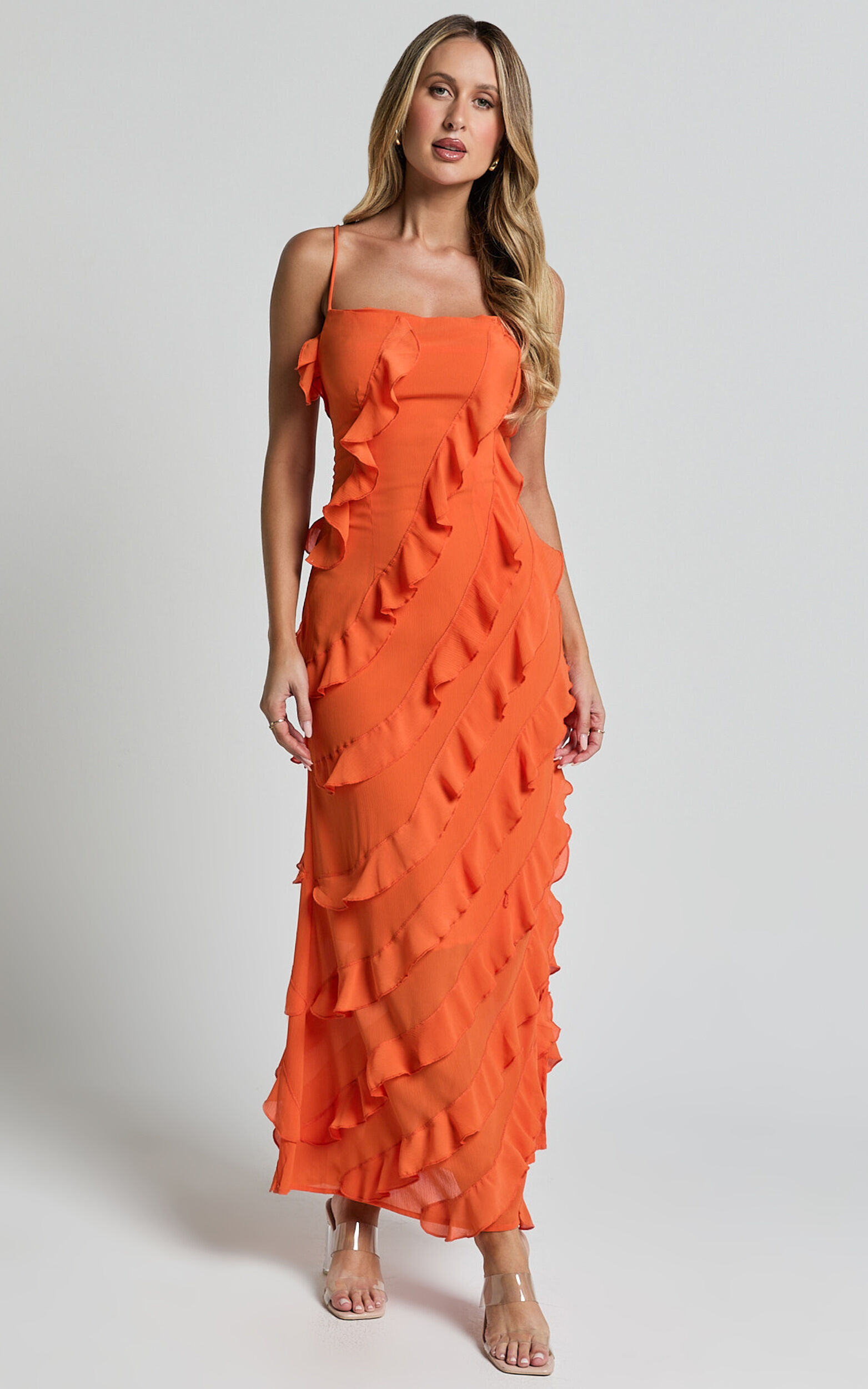 Arnie Midi Dress - Strapless Ruffle Detail Slip Dress in Orange