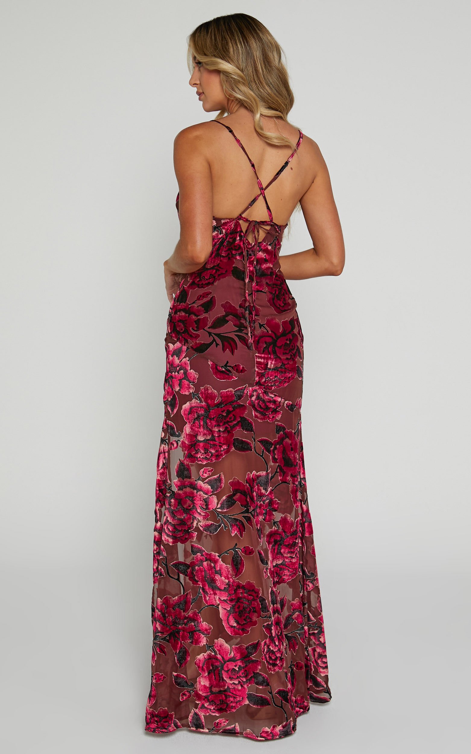 Aletta Maxi Dress - Cowl Cross Back Dress in Wine Floral