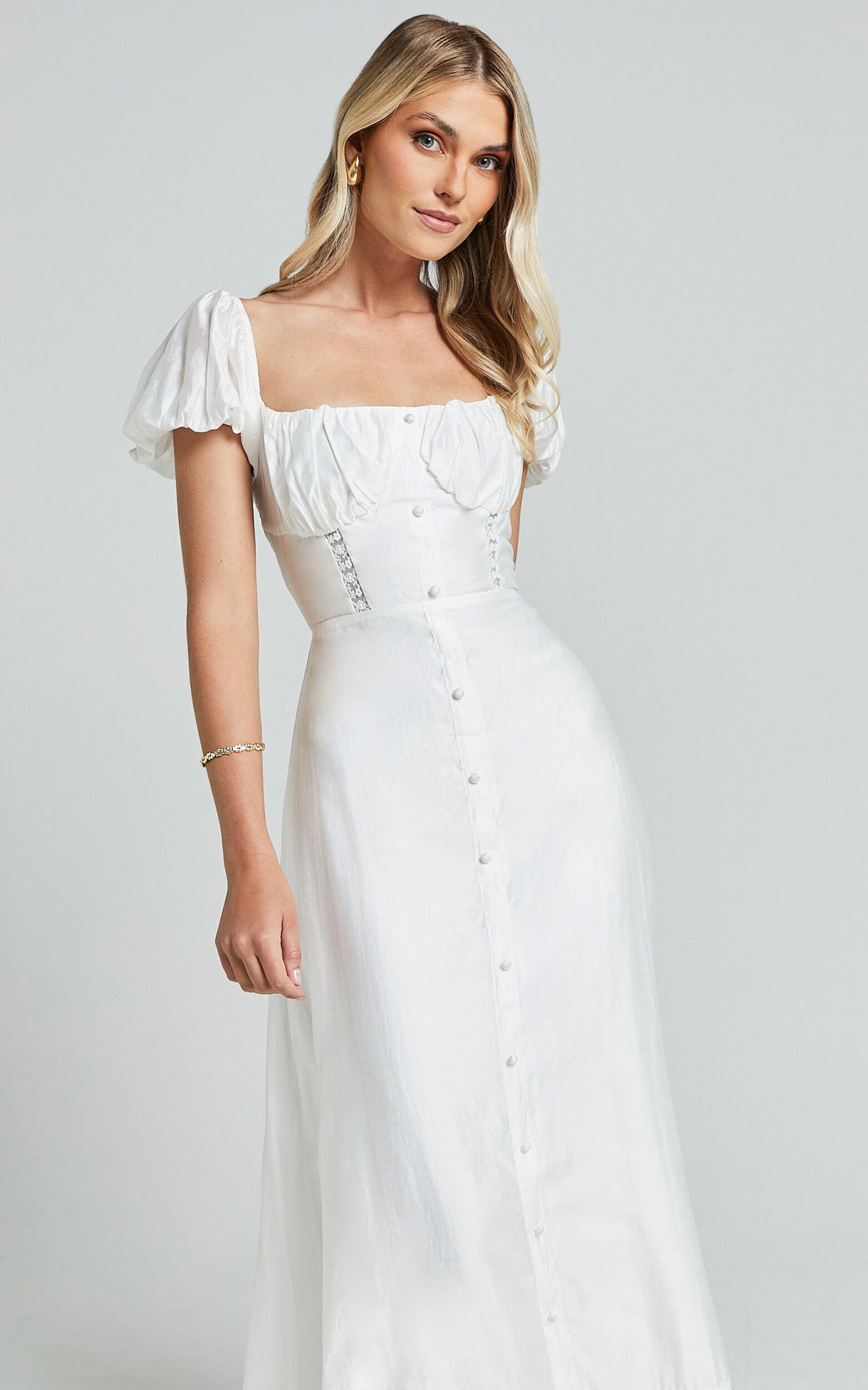 Giselle Midi Dress - Puff Sleeve Corset Flare Dress in White