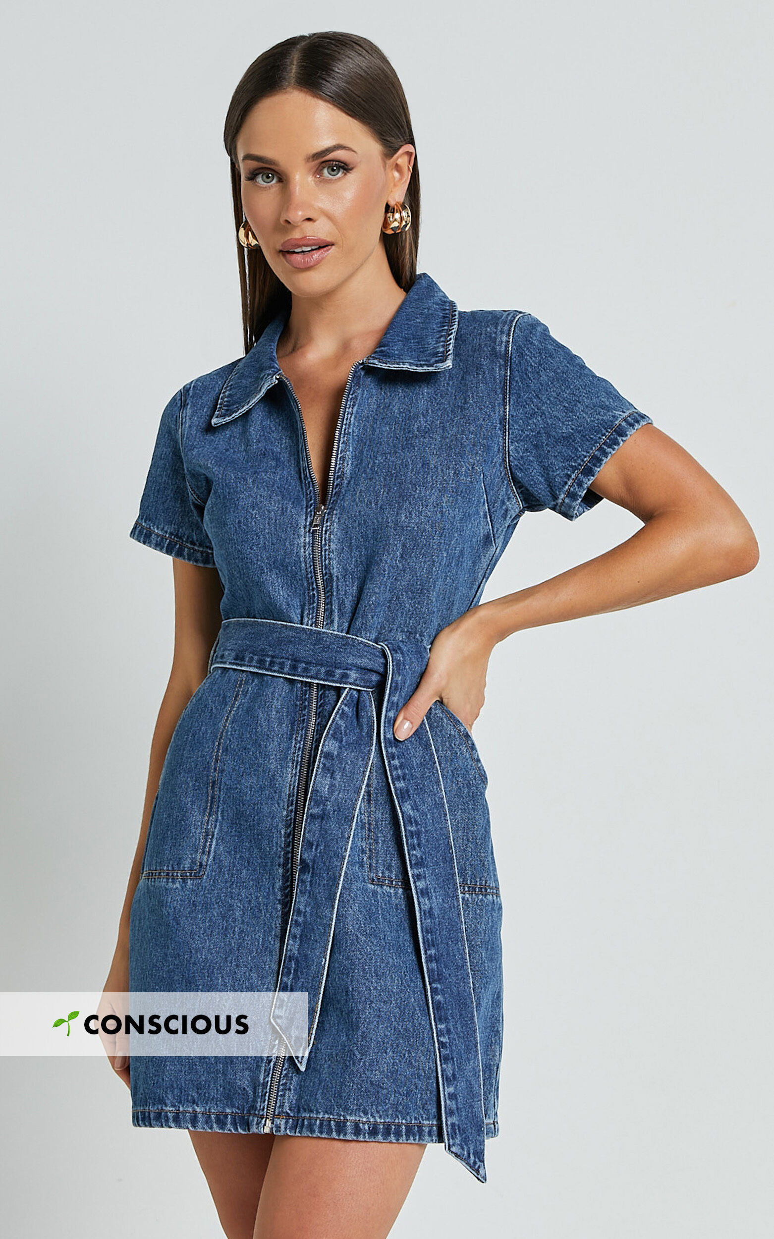 Nandini Mini Dress - Zip Through Denim Dress in Blue