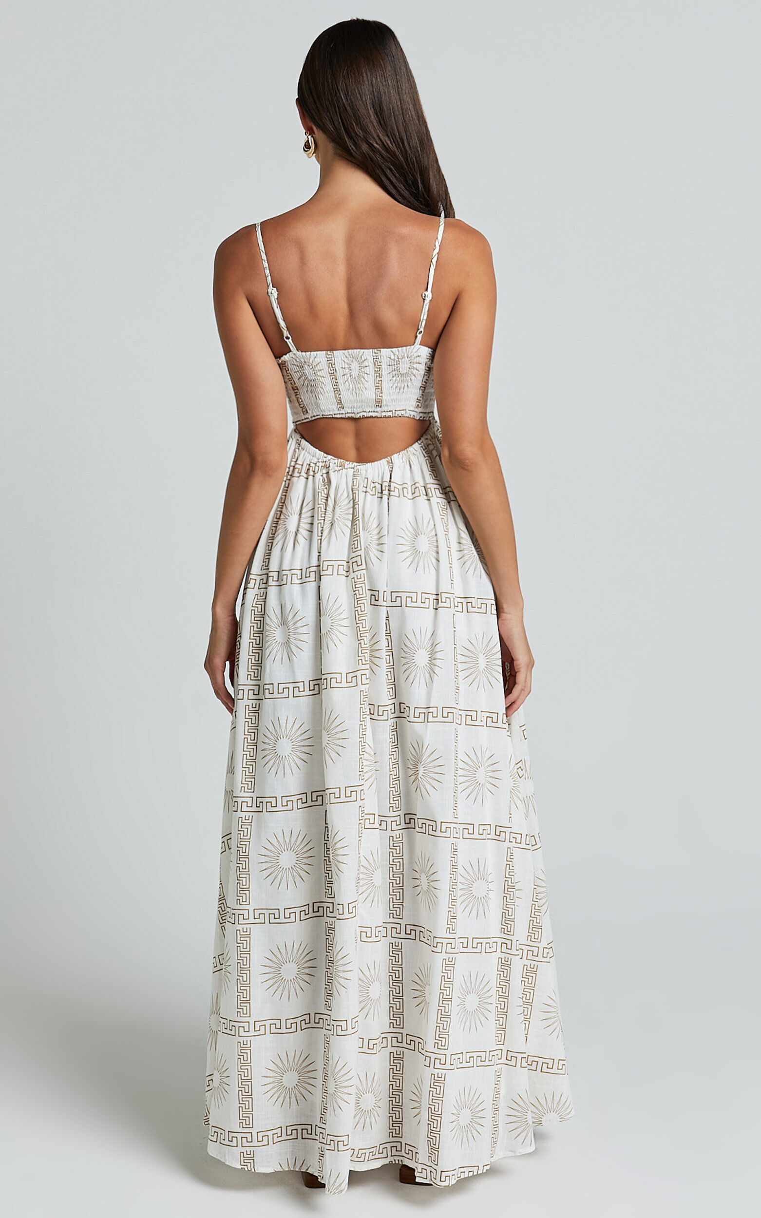 Abbey Maxi Linen Dress - Strappy Straight Neck A Line Dress in White & Brown Sun Print