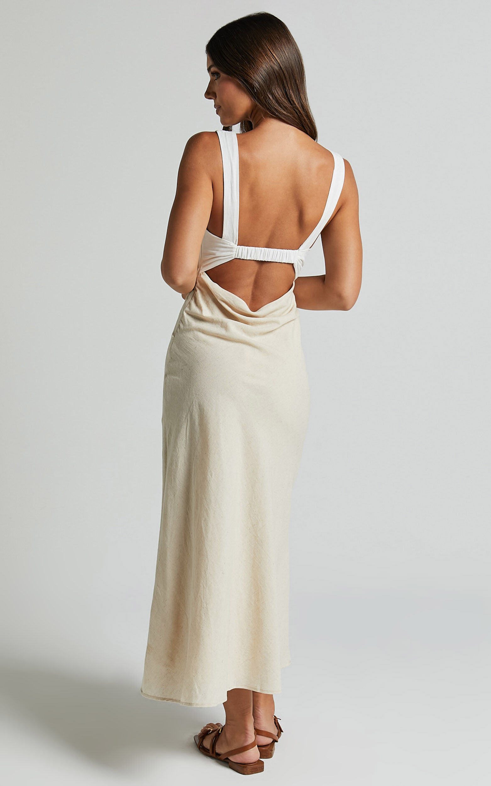 Dovie Midi Dress - Linen V Neck Low Back Cut Out Flare Dress in Beige and White