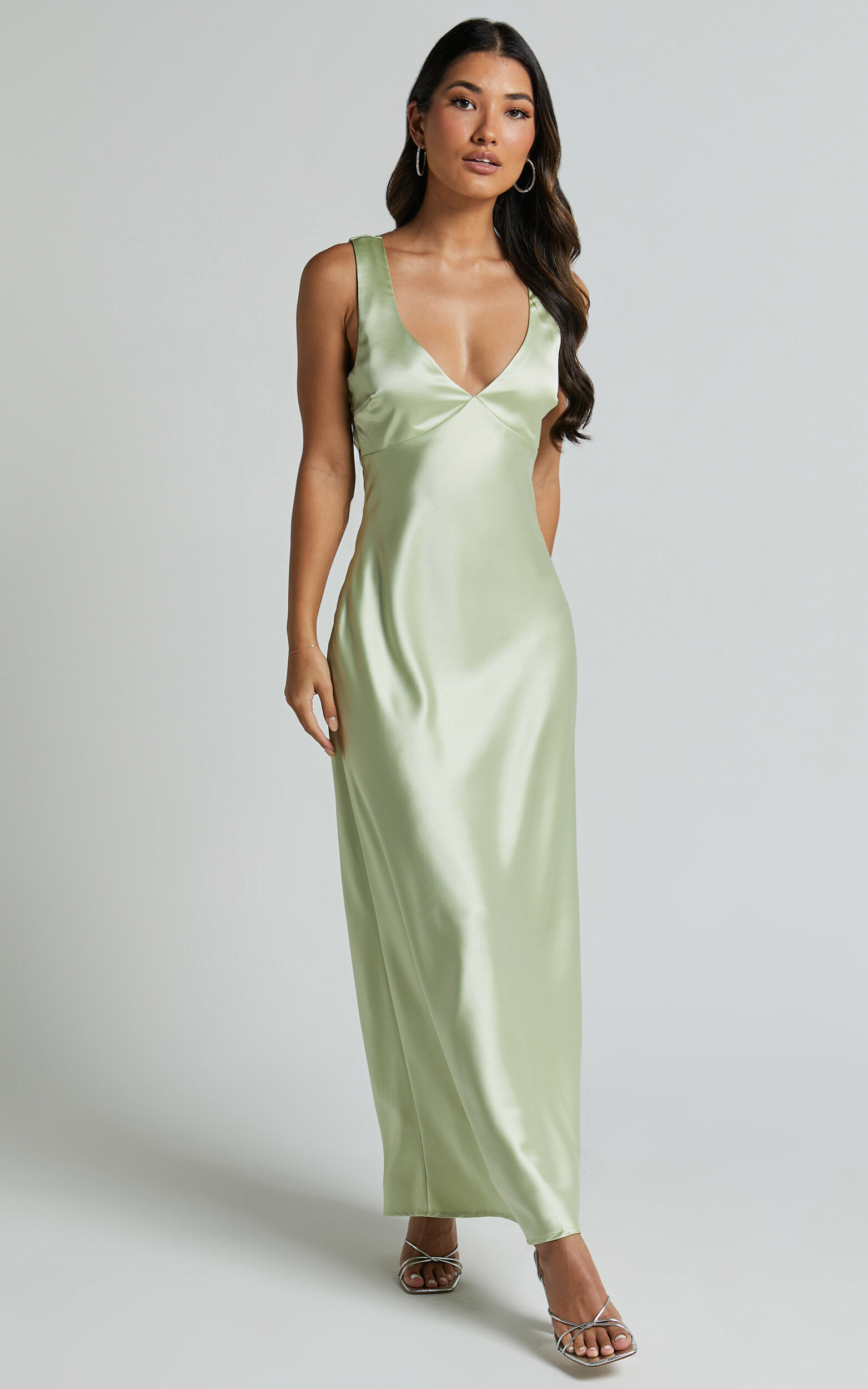 Bettina Midi Dress- Deep V Cross Back Satin Dress in Apple Green