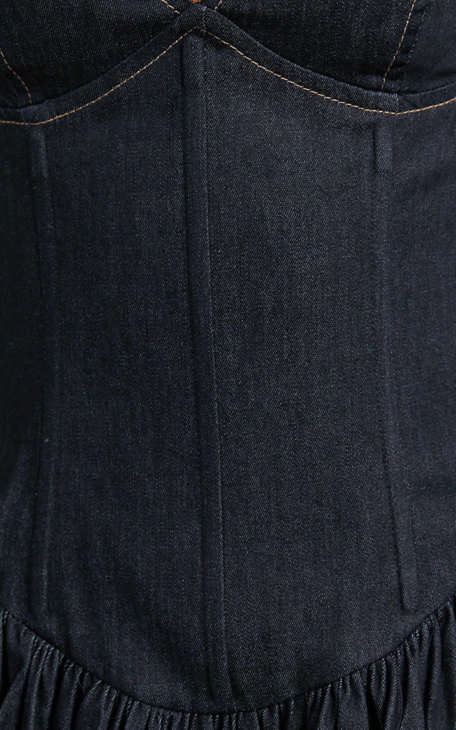 Betchie Mini Dress - V - Neck Strappy Drop Waist Gathered Skirt Denim Dress in Dark Raw Denim