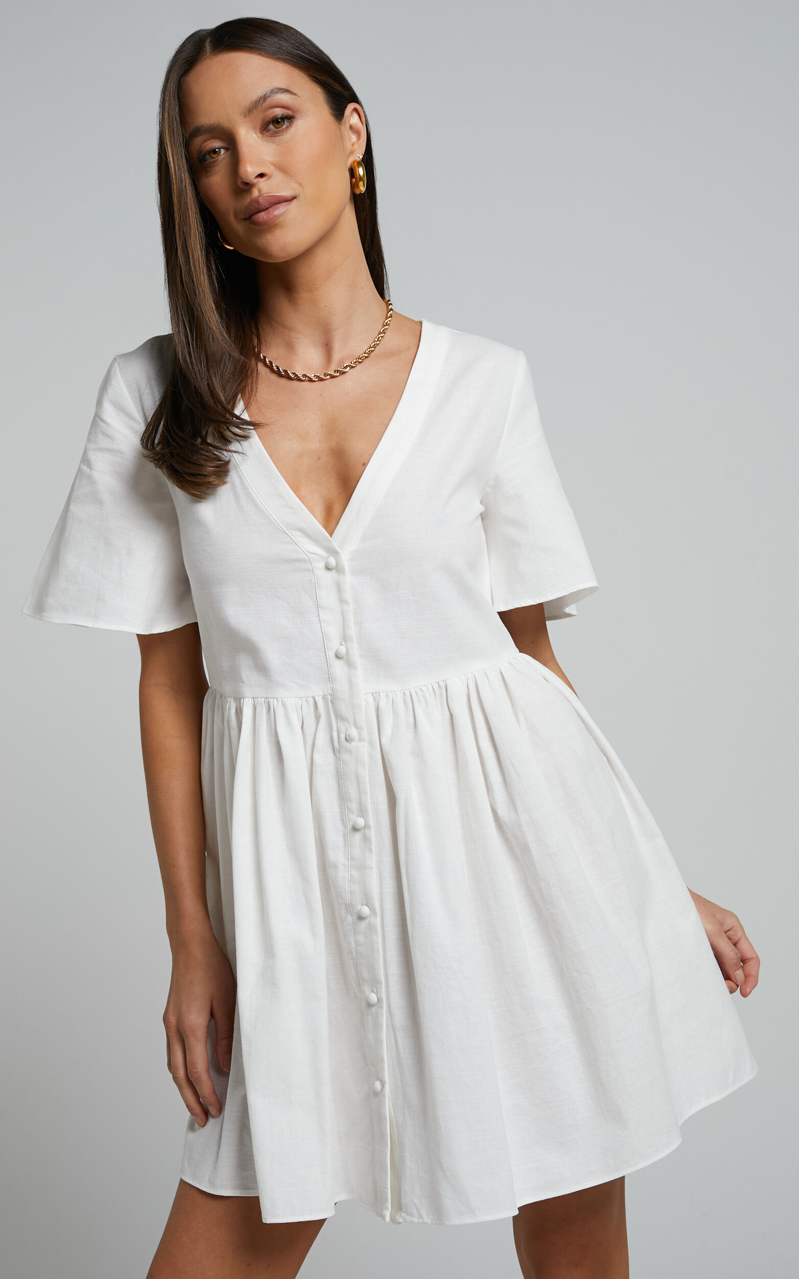 Staycation Mini Dress - Smock Button Up Dress in White