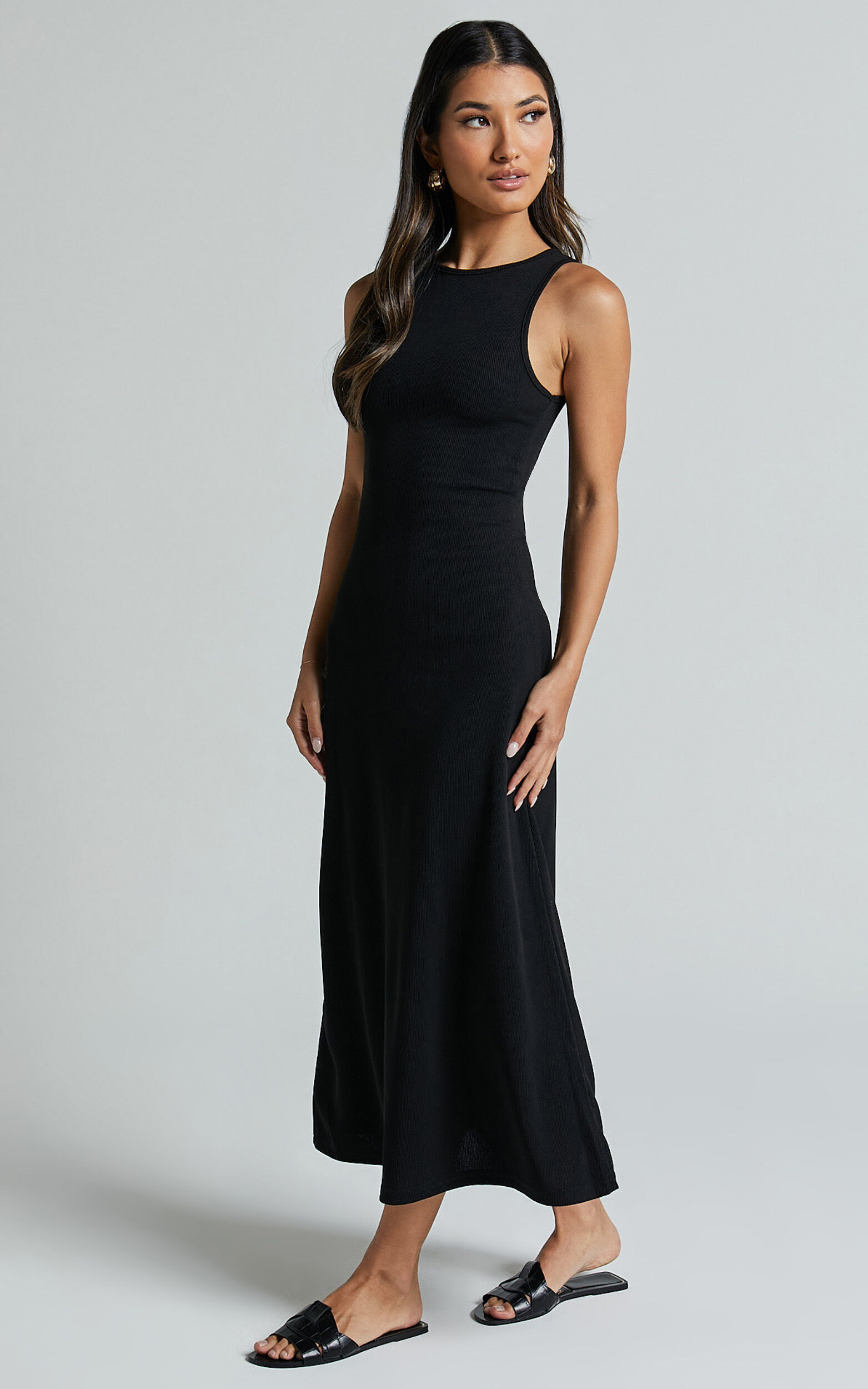Rodolphe Midi Dress - Crew Neck Ribbed Sleeveless in Black
