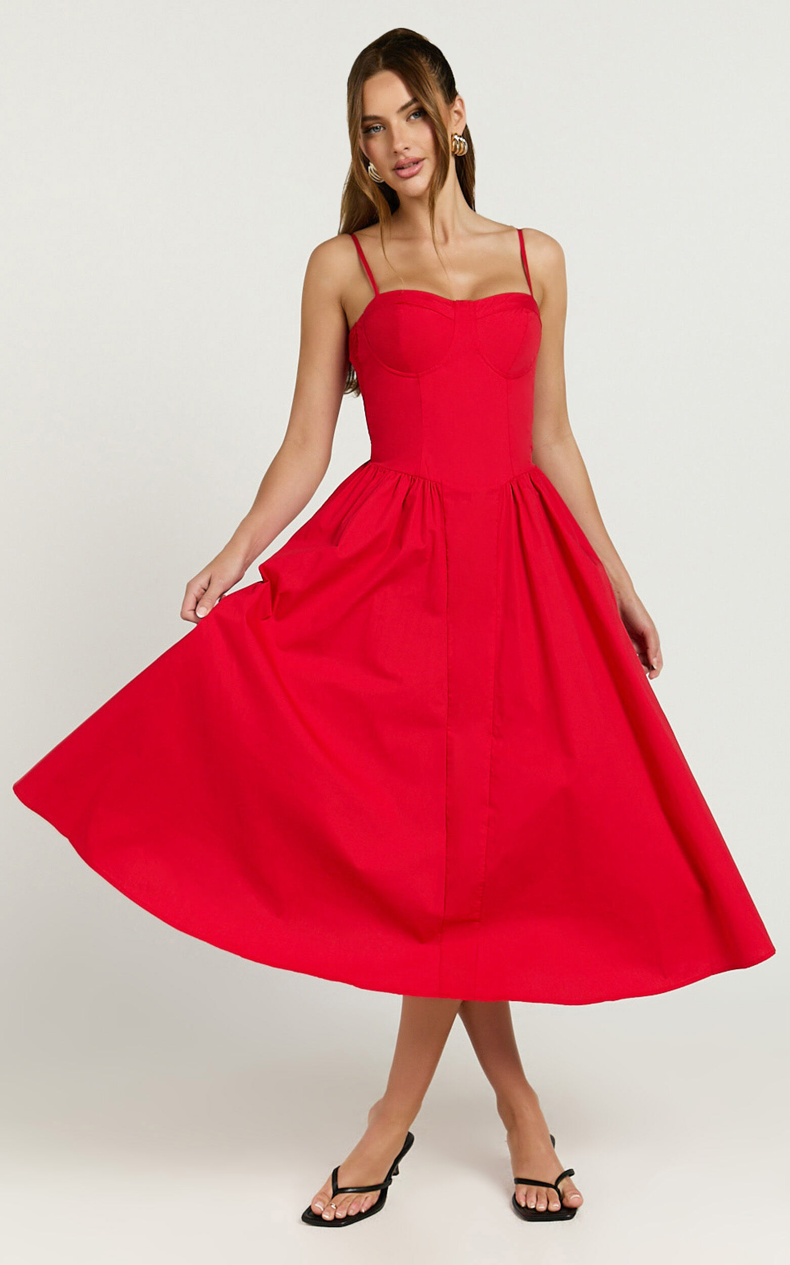 Mhissa Midi Dress - Sweetheart Neck  Fit & Flare Dress in Red