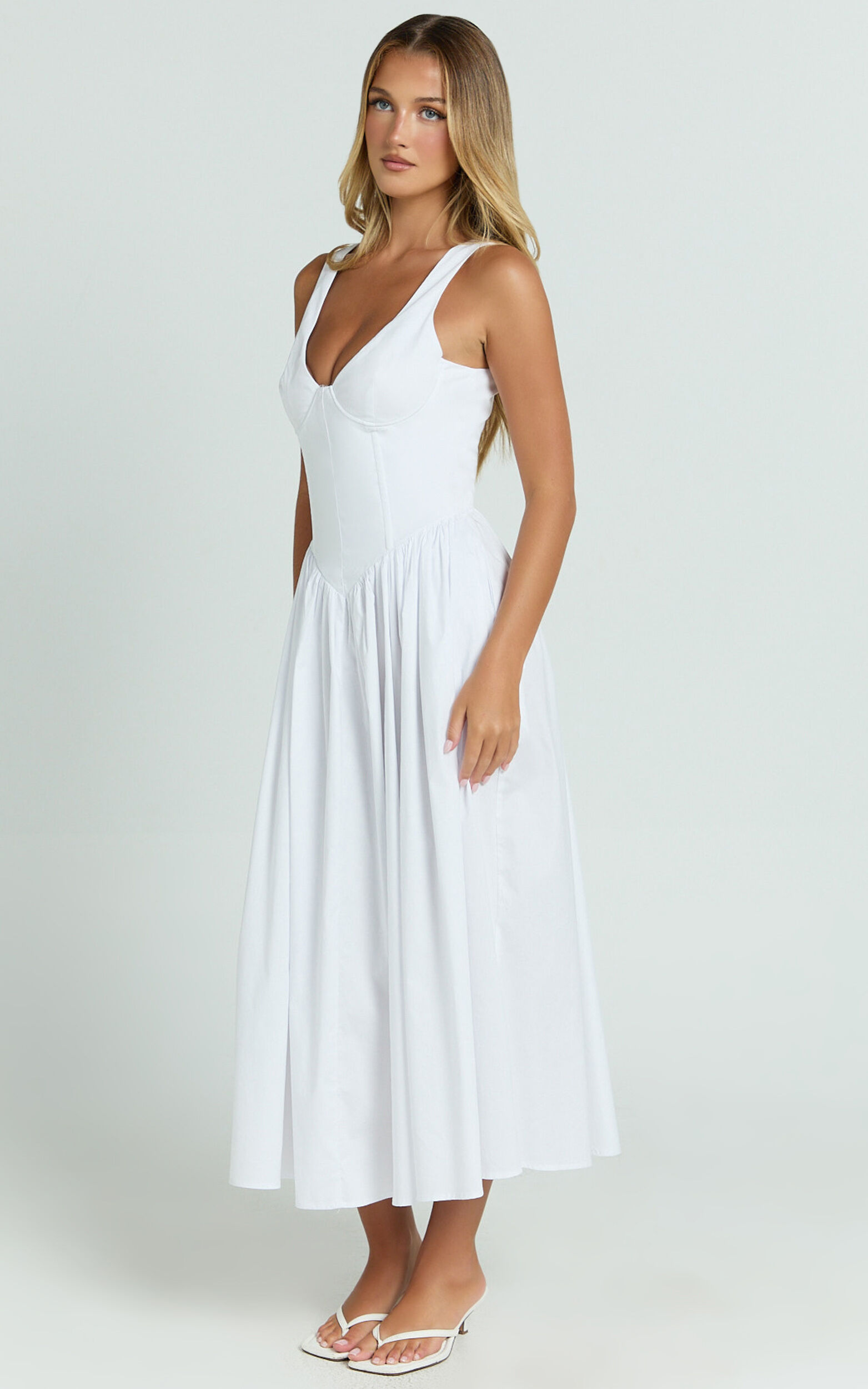 Beckett Midi Dress - Scoop Neck Drop V Waist Gathered Skirt Dress in White