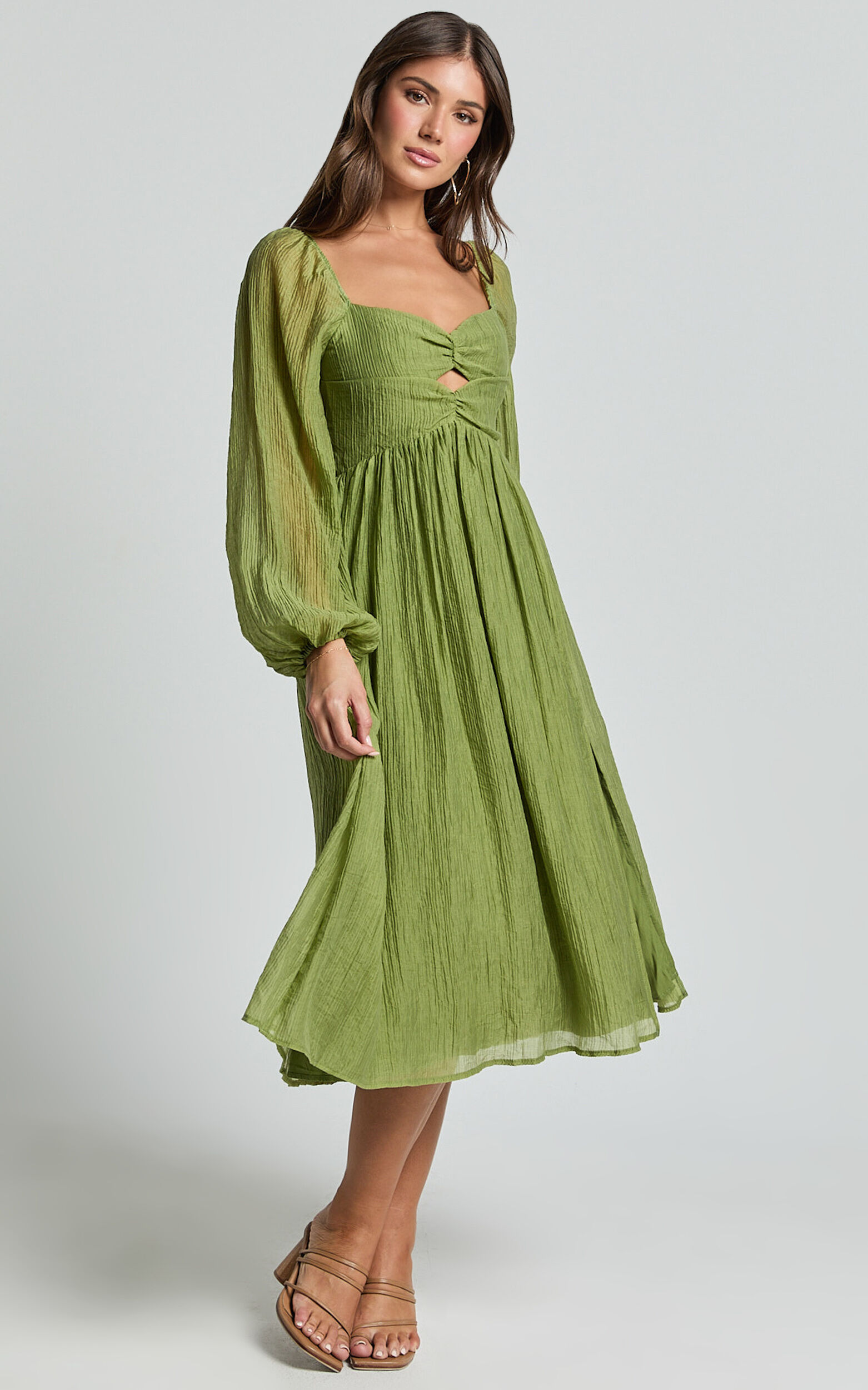 Zahara Midi Dress - Blouson Sleeve Cut Out Dress in Green