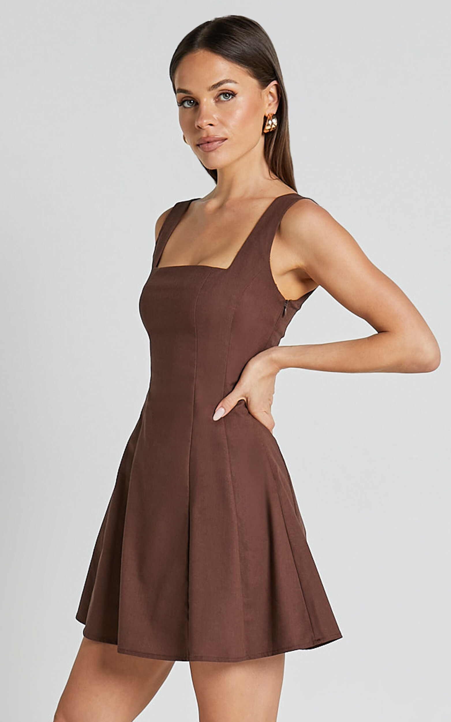 Adiana Mini Dress - Linen Square Neck Shirred Back A Line Dress in Chocolate
