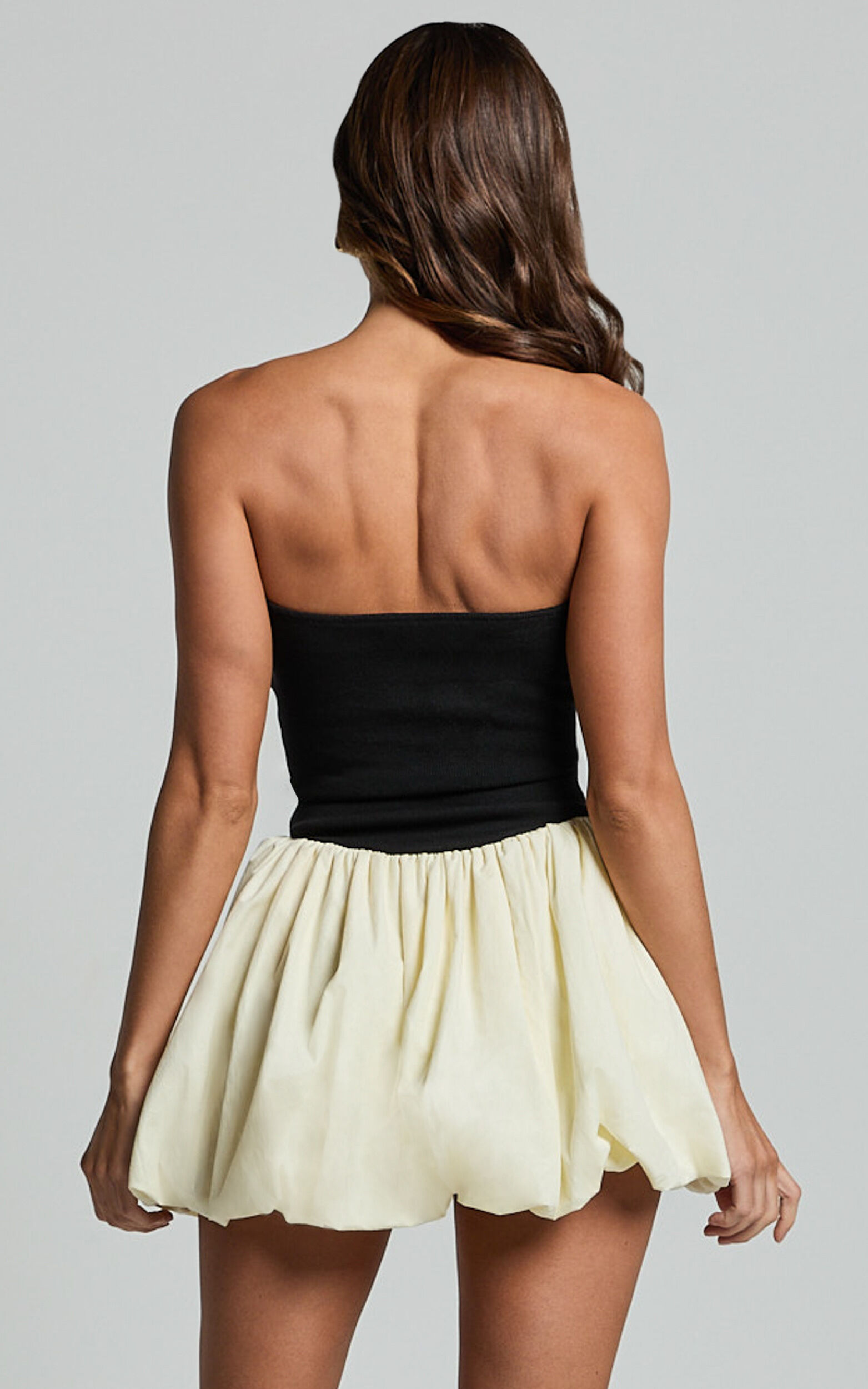 Harley Mini Dress - Strapless Drop Waist Bubble Hem Contrast Dress in White/Black