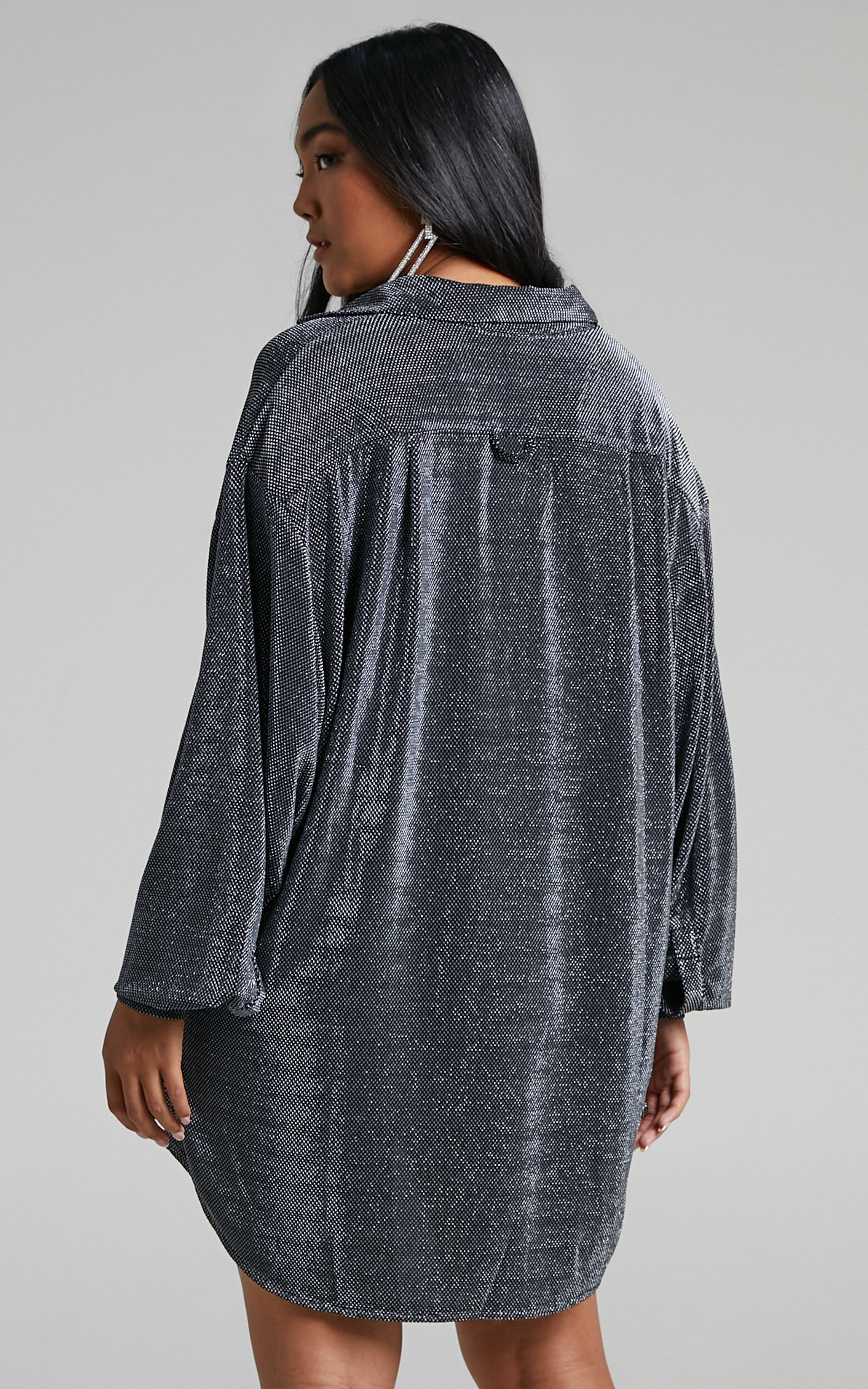 Ruri Mini Dress - Sparkly Oversized Shirt Dress in Black and Silver