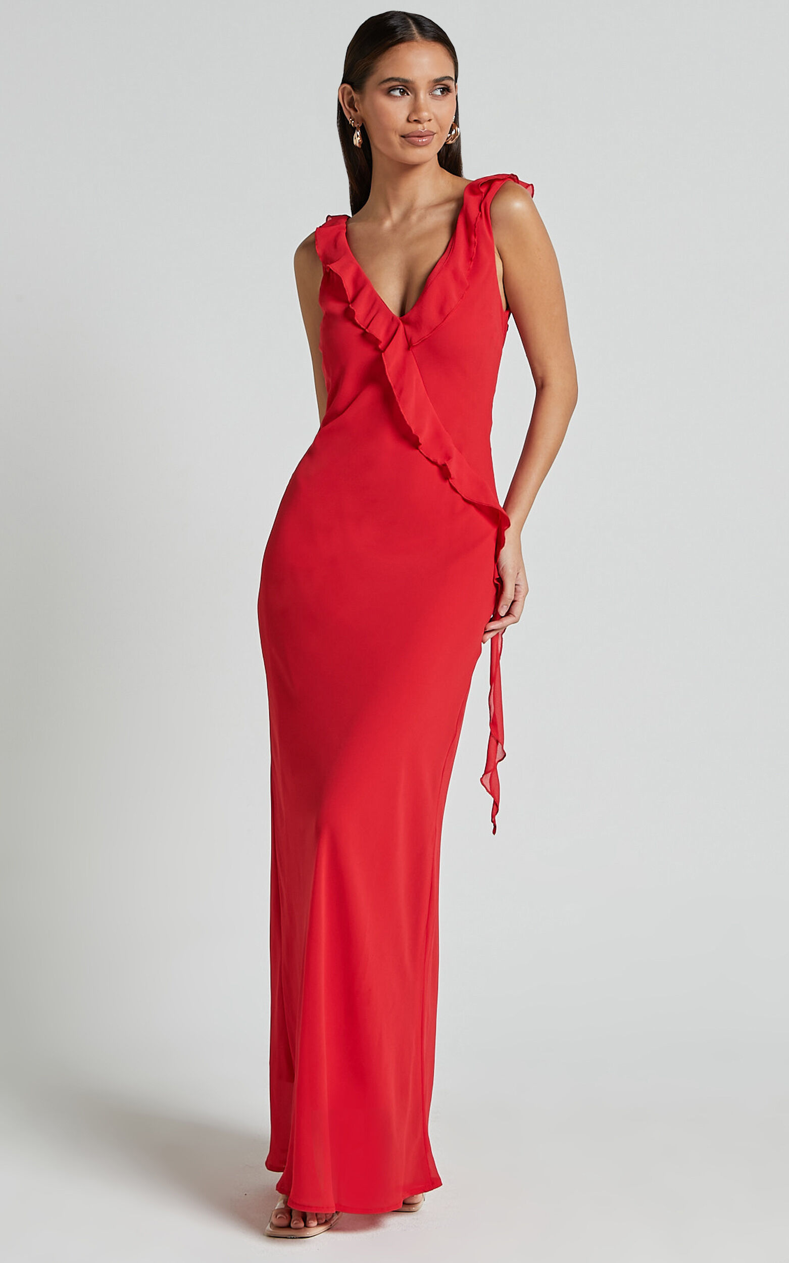 Laurie Midi Dress - Plunge Frill Detail Slip Dress in Red