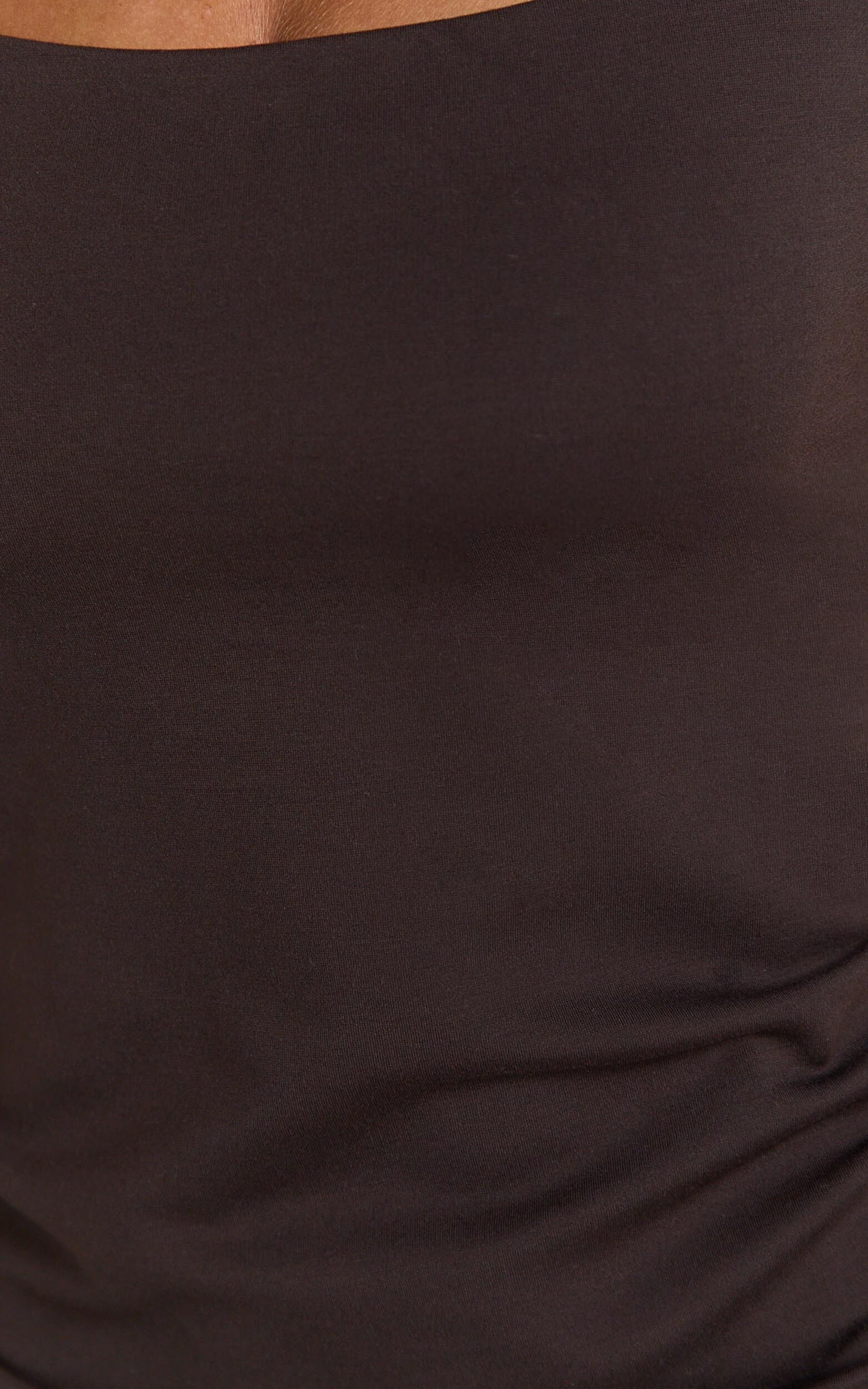 Chloe Mini Dress - Wide Square Neckline Side Split Bodycon Dress in Chocolate