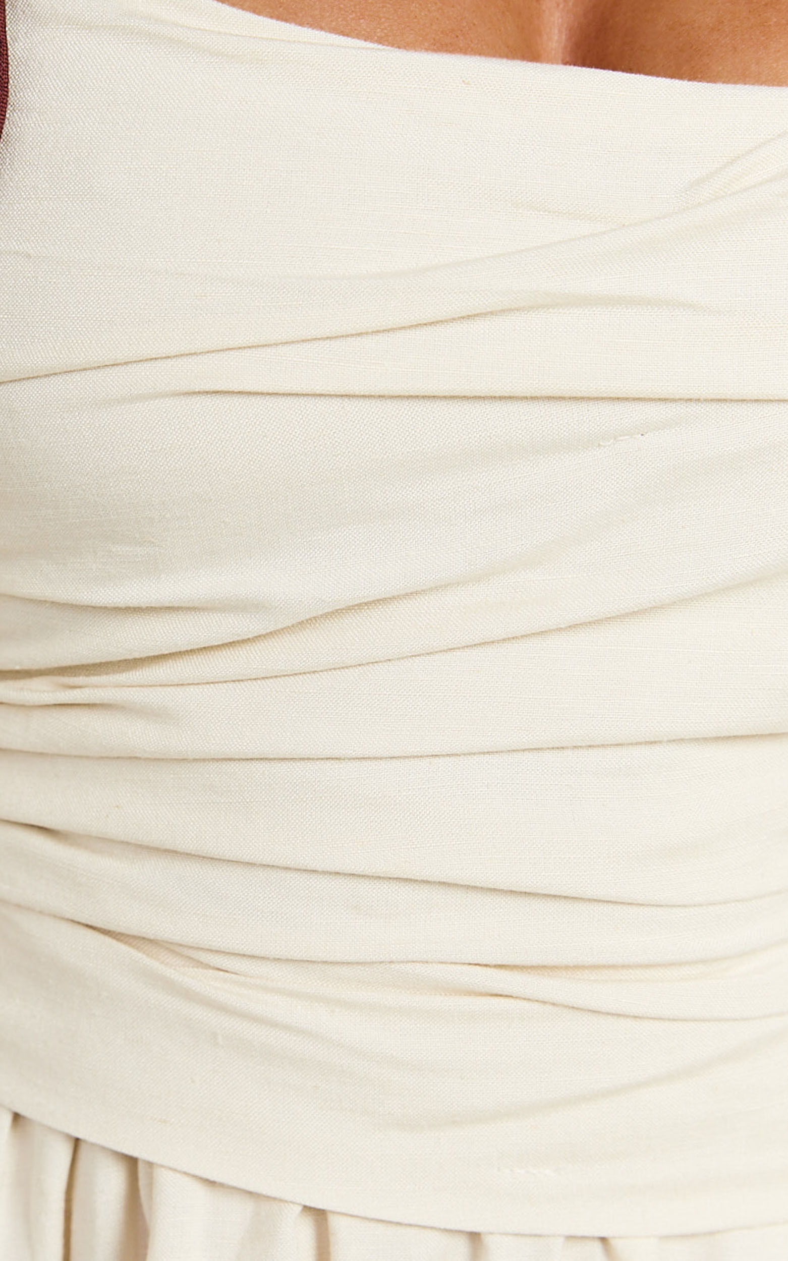 Tommy Mini Dress - Linen Ruched Bodice Laced Back Gathered Skirt Dress in Cream