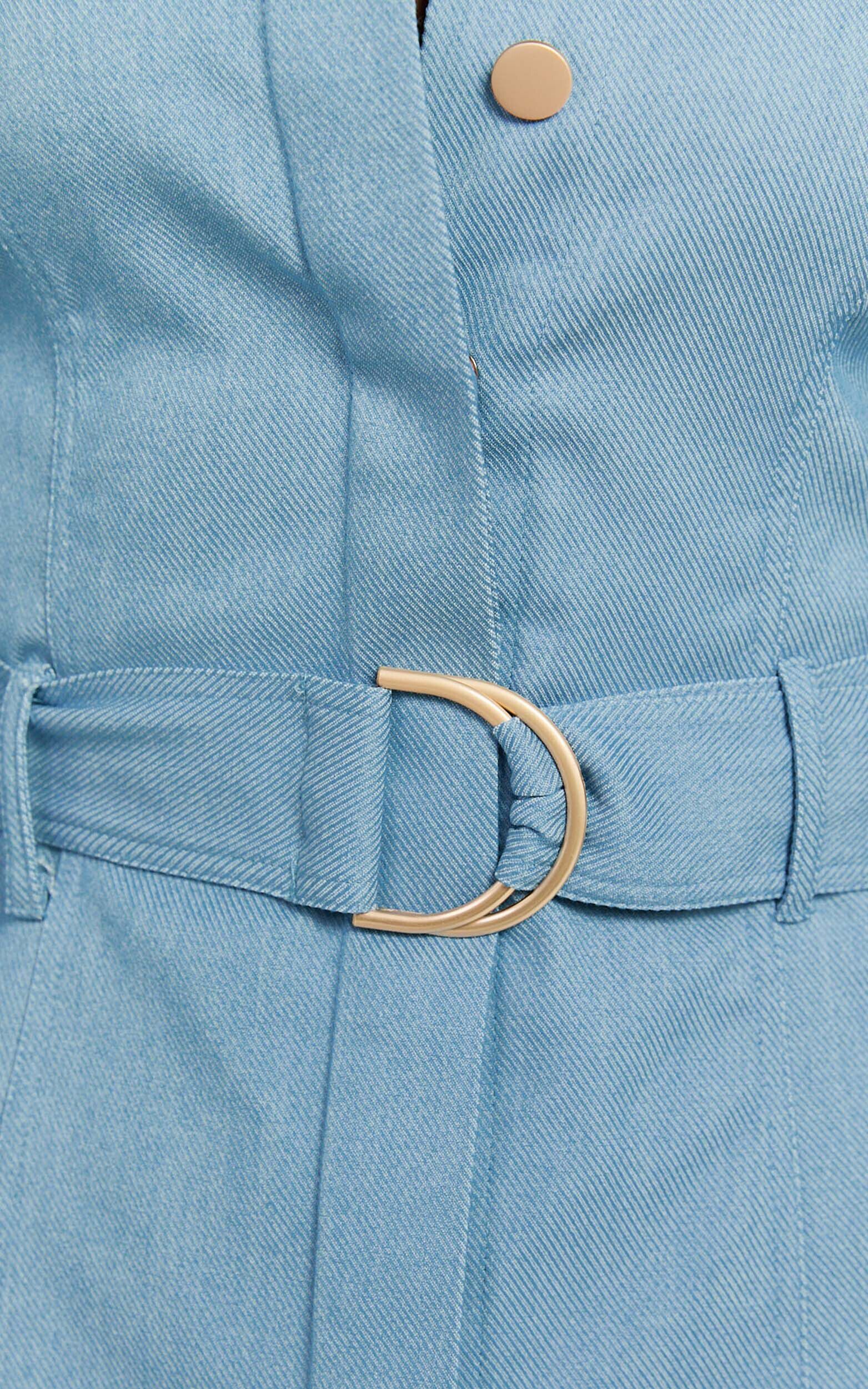 Aubrie Mini Dress - Blouson Sleeve Button Through Belted Dress in Light Blue