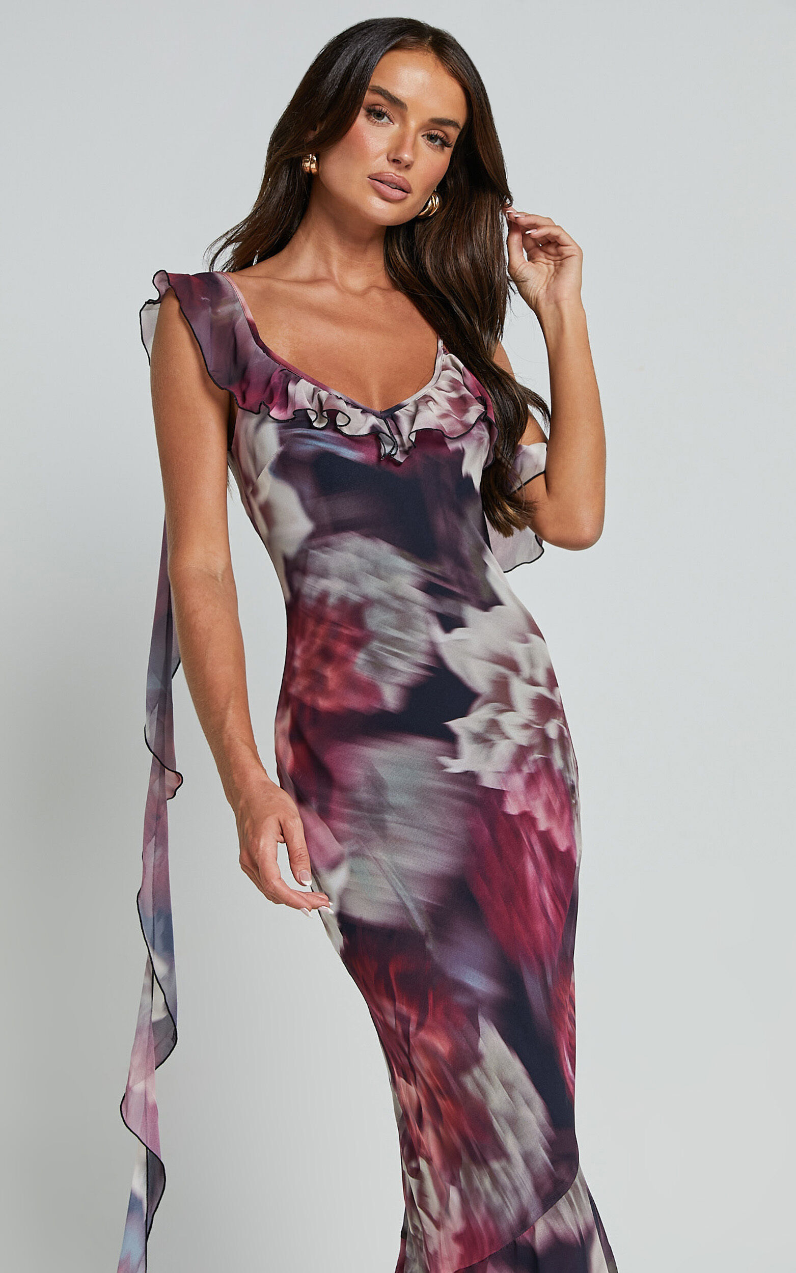 Riley Maxi Dress - Asymmetric Ruffle Detail Maxi Dress in Mariache Rose